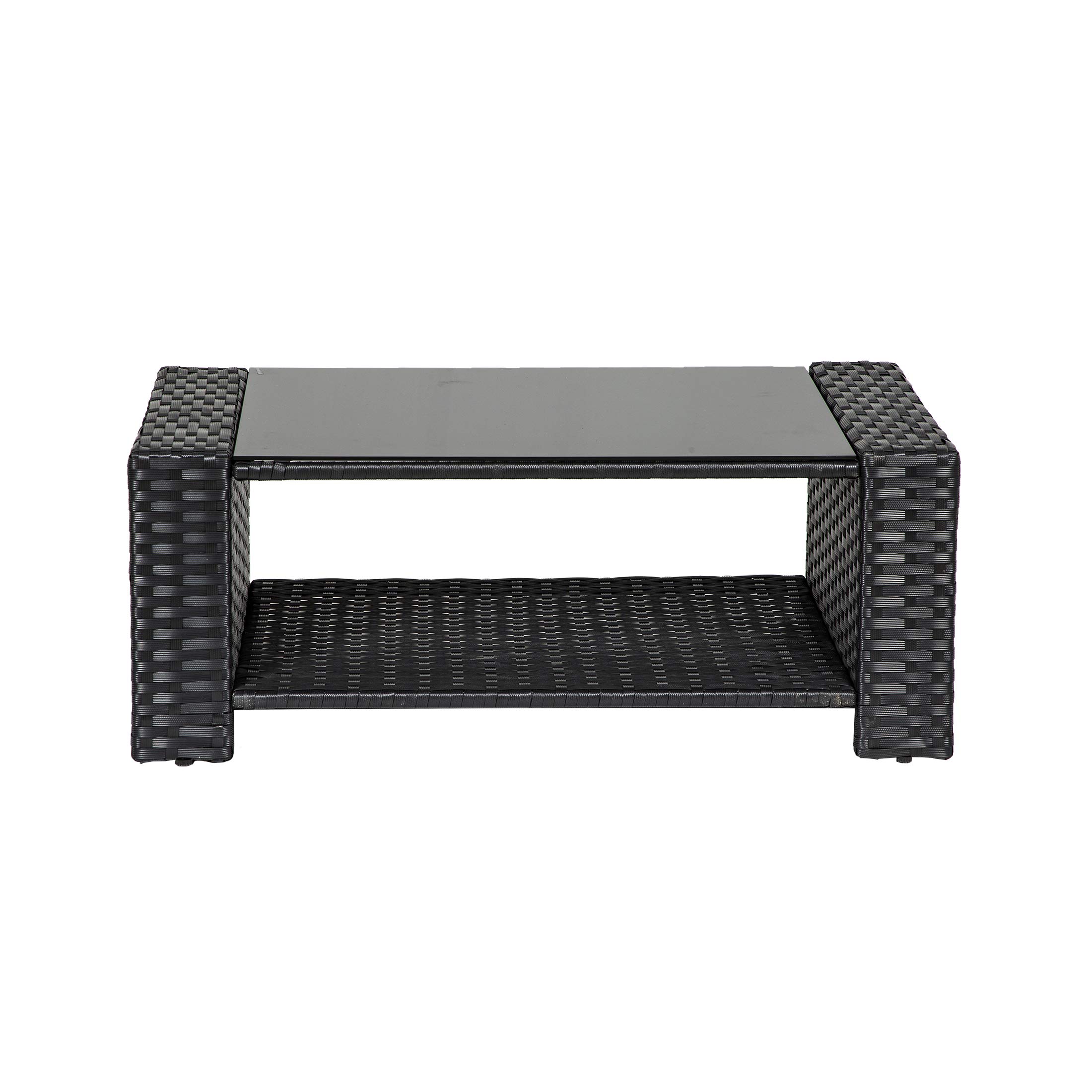 WO Home Furniture 4-Piece Patio Conversation Set - Black Rattan Wicker Sofa, Chairs & Coffee Table with Navy Blue Pillow Cushions | Outdoor Garden, Backyard, Poolside Lounge Furniture for Relaxing & Entertaining
