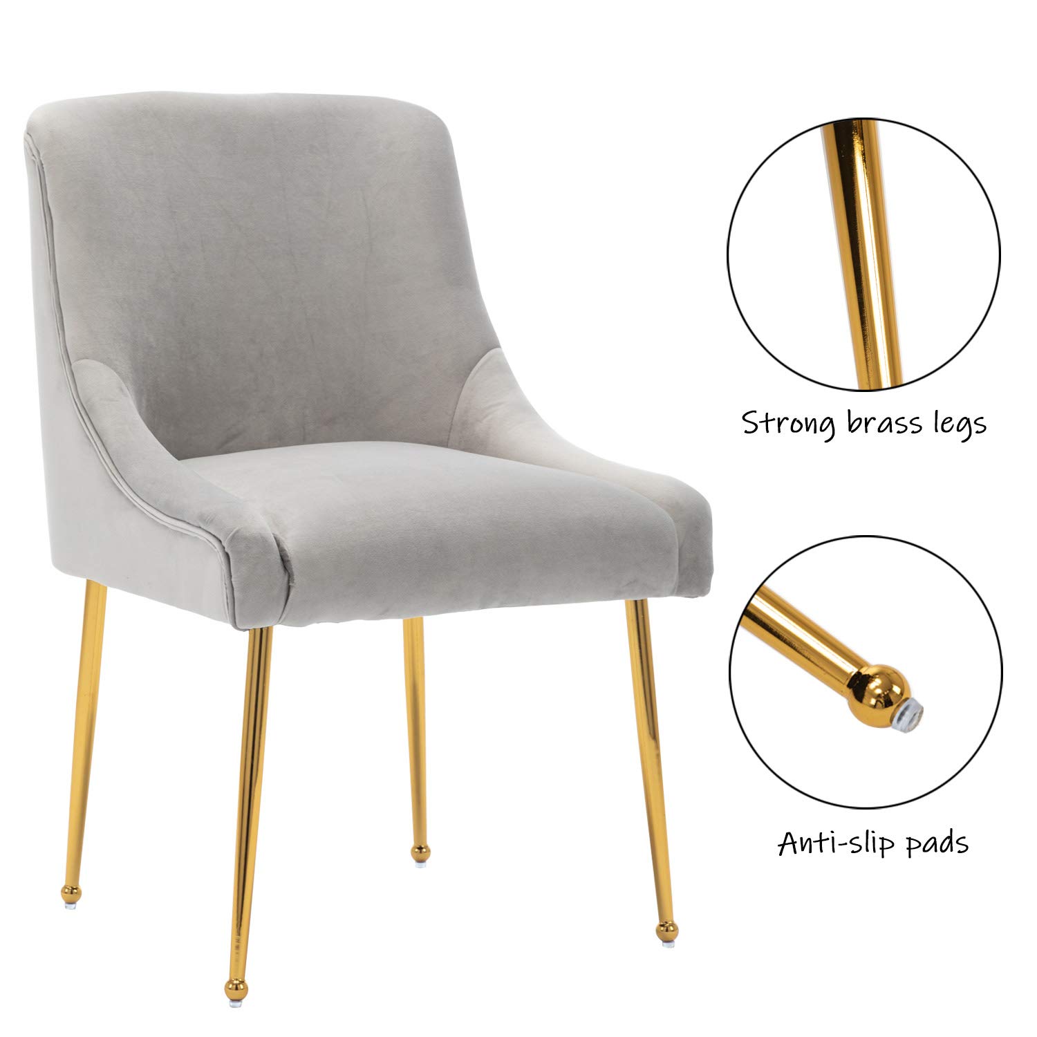 Guyou Grey Velvet Dining Chairs Set of 2 - Modern Upholstered Accent Chairs with Gold Metal Legs for Kitchen, Dining Room, Living Room & Bedroom - Perfect for Small Spaces, Apartments and Home Decor (Grey)