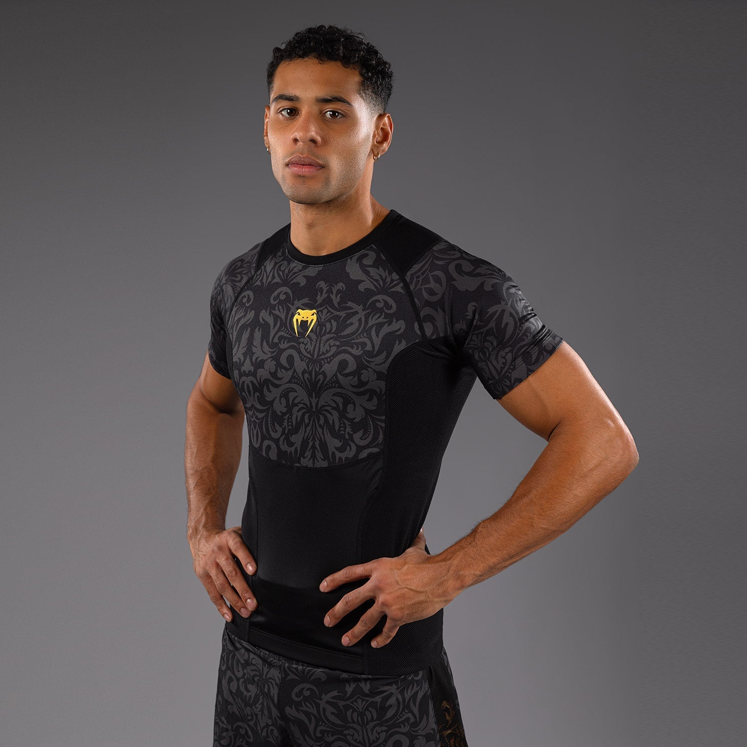 Venum x Topuria Unmatched Edition Short Sleeve Rashguard - Black/Gold MMA Training Shirt for BJJ, MMA & Grappling - Premium Compression Performance Top for Fighters & Athletes