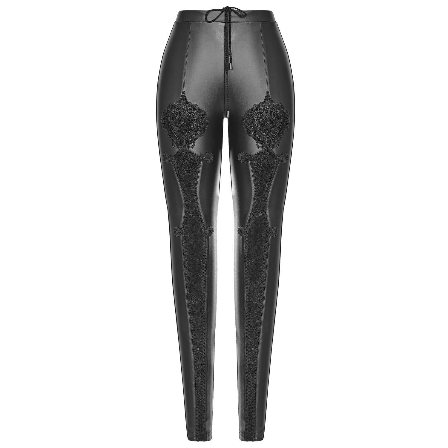 Gothic High Waist Faux Leather Leggings for Women - Steampunk Lace Floral Patchwork Drawstring Pants in Black (Medium) | Perfect for Cosplay, Halloween Costumes & Alternative Fashion Outfits