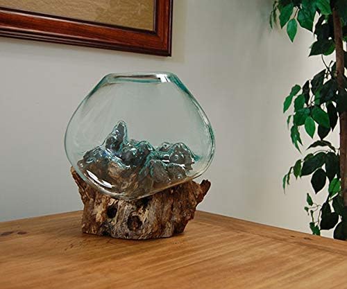 Cohasset Gifts 650 28 Molten Glass Sculpture - 11 Inch Wide Handmade Home Decor, Natural Wood & Recycled Glass Art Piece for Living Room, Office, or Gift Giving