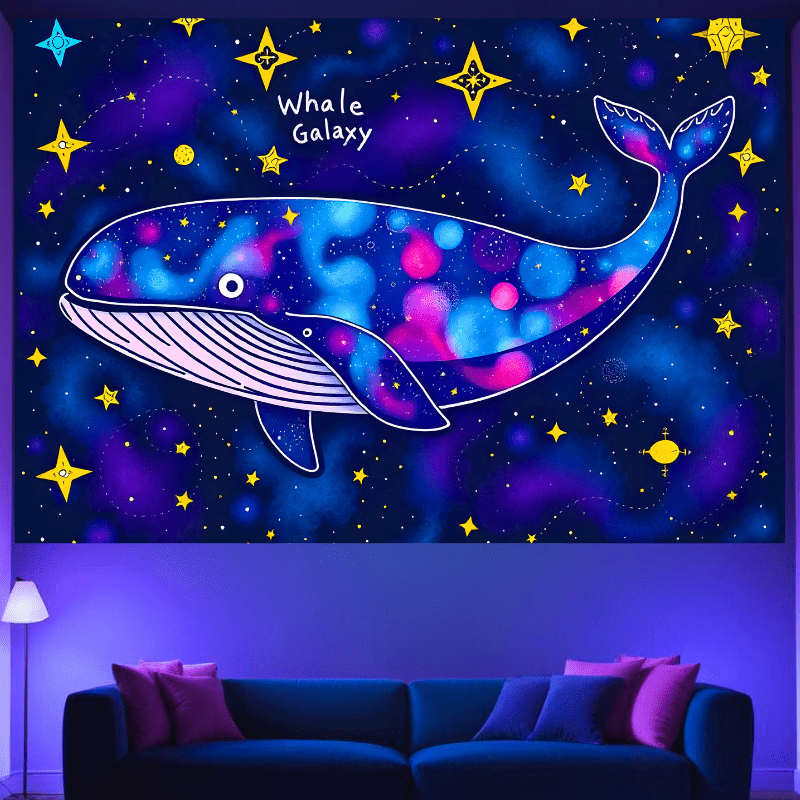 Whale Galaxy Glow in the Dark Tapestry - UV Reactive Wall Art Decor for Bedroom, Living Room & Dorm Room - Cosmic Night Light & Unique Home Decor Gift