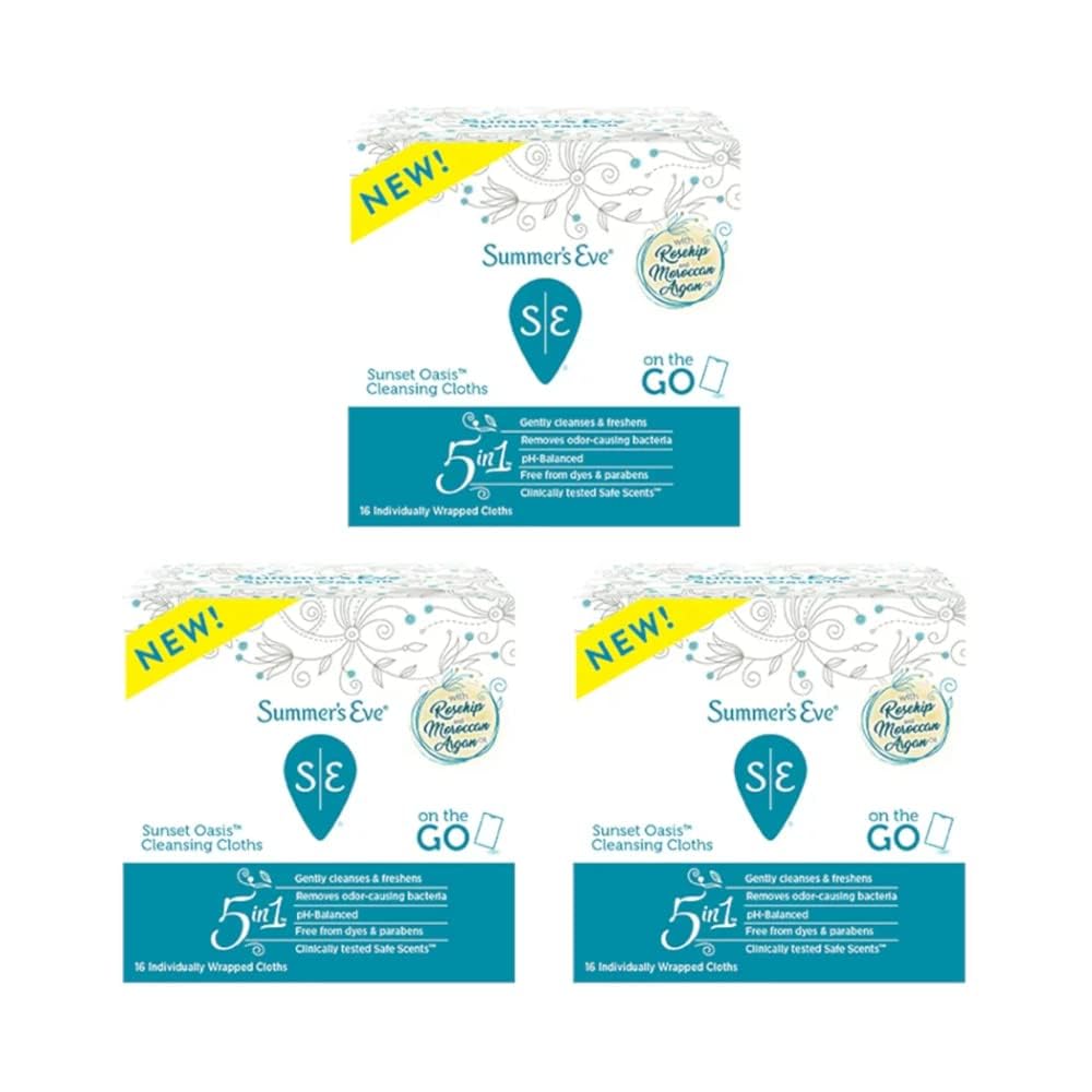 Summer's Eve Feminine Cleansing Wipes - Sunset Oasis Scent, 16 Count (Pack of 3) | 48 Total Cloths | pH Balanced for Intimate Hygiene | Perfect for Travel, Gym & Post-Workout Freshness