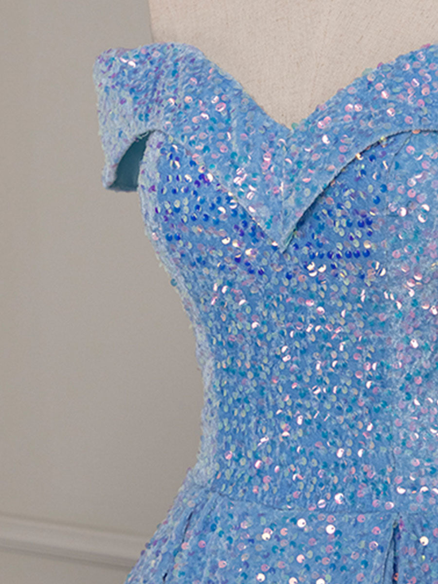 Elegant A-Line Sweetheart Neck Velvet Sequin Blue Long Prom Dress - Formal Evening Gown for Homecoming, Ball & Special Occasions