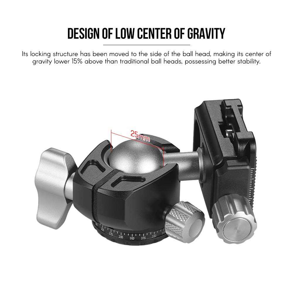 D-25C CNC Machined Aluminum Alloy Double Notch Ball Head - Low Profile Mini Ballhead with 10kg Load Capacity for Manfrotto Tripods & Monopods - Perfect for DSLR/ILDC Cameras, Vlogging & Outdoor Photography