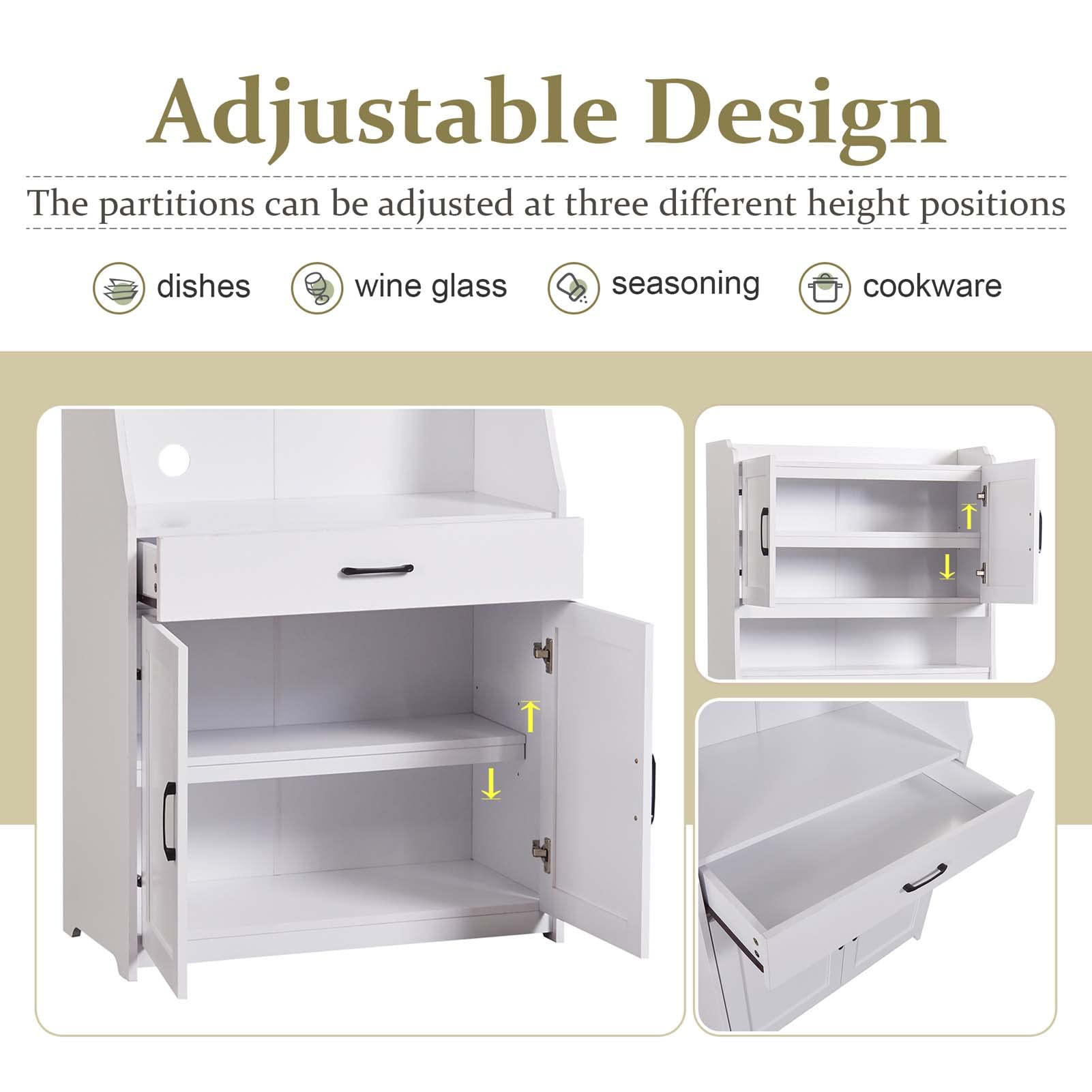 White Kitchen Pantry Storage Cabinet with Adjustable Shelves & Doors - Organize Spices, Dishes & Dry Food - Perfect for Kitchen, Living Room & Dining Room Storage