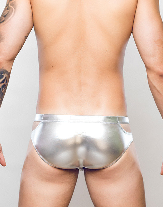 2Eros MetaLux Silver Cutout Swim Brief V30 - Stylish Men's Swimwear for Beach & Pool Parties, Summer Vacation, and Water Sports