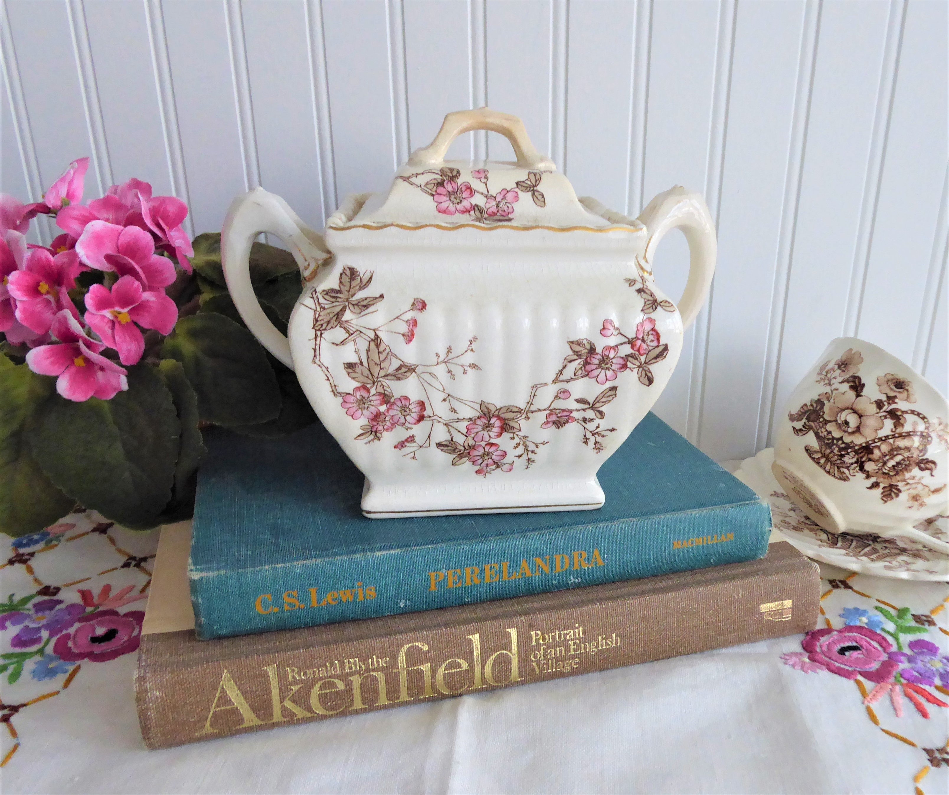 Antique Brown Transferware Sugar Box with Roses - Burroughs USA 1880s Tea Caddy Canister | Perfect for Vintage Tea Parties, Cottage Decor & Collector's Display