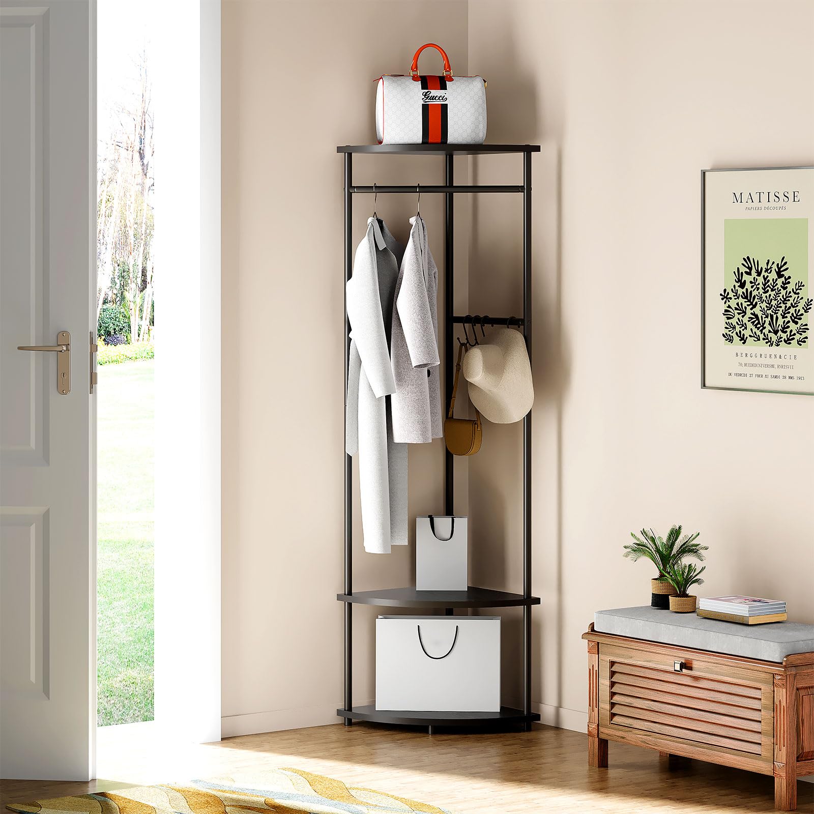 Freestanding Corner Coat Rack with Shelves & Adjustable Hooks - Entryway Hall Tree Organizer for Clothes, Hats, Bags & Shoes (Black) - Perfect for Small Spaces, Apartments & Mudroom Organization