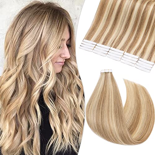 **S-noilite 20-Piece Remy Human Hair Tape-In Extensions – 22 Inch Double-Sided Skin Weft, Seamless & Invisible (#12/613 Golden Brown/Bleach Blonde) – Straight Balayage Hair for Volume & Length – Perfect for Parties, Weddings & Daily Styling**