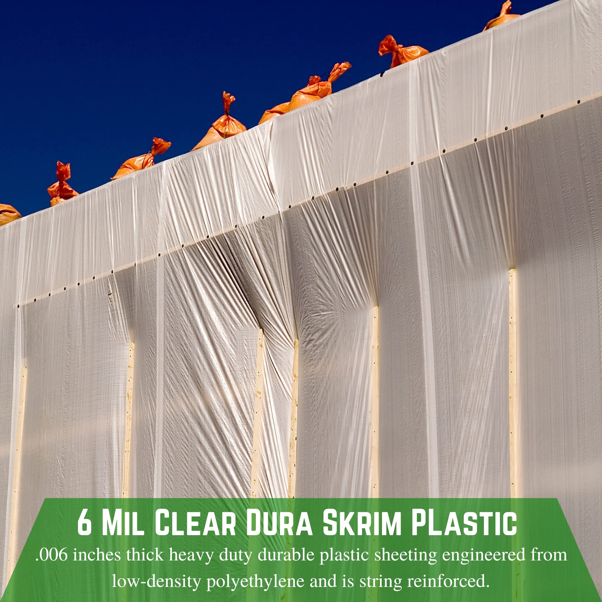 Dura Skrim 6 Mil Reinforced Clear Plastic Sheeting - 10' x 100' - Tear Resistant & Weatherproof Polyethylene Film Roll for Construction, Greenhouse Covering, and Vapor Barrier Protection