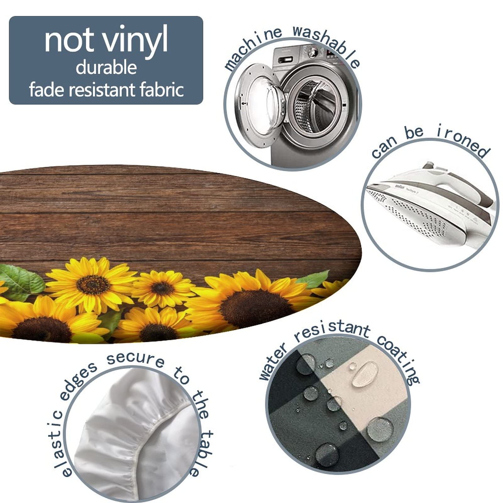Sunflower 03 Elastic Edge Waterproof Round Tablecloth - Washable & Wipeable Fabric Table Cover for 52 Inch Tables - Perfect for Indoor/Outdoor Parties, Picnics, and Dining Decor (Brown Yellow)