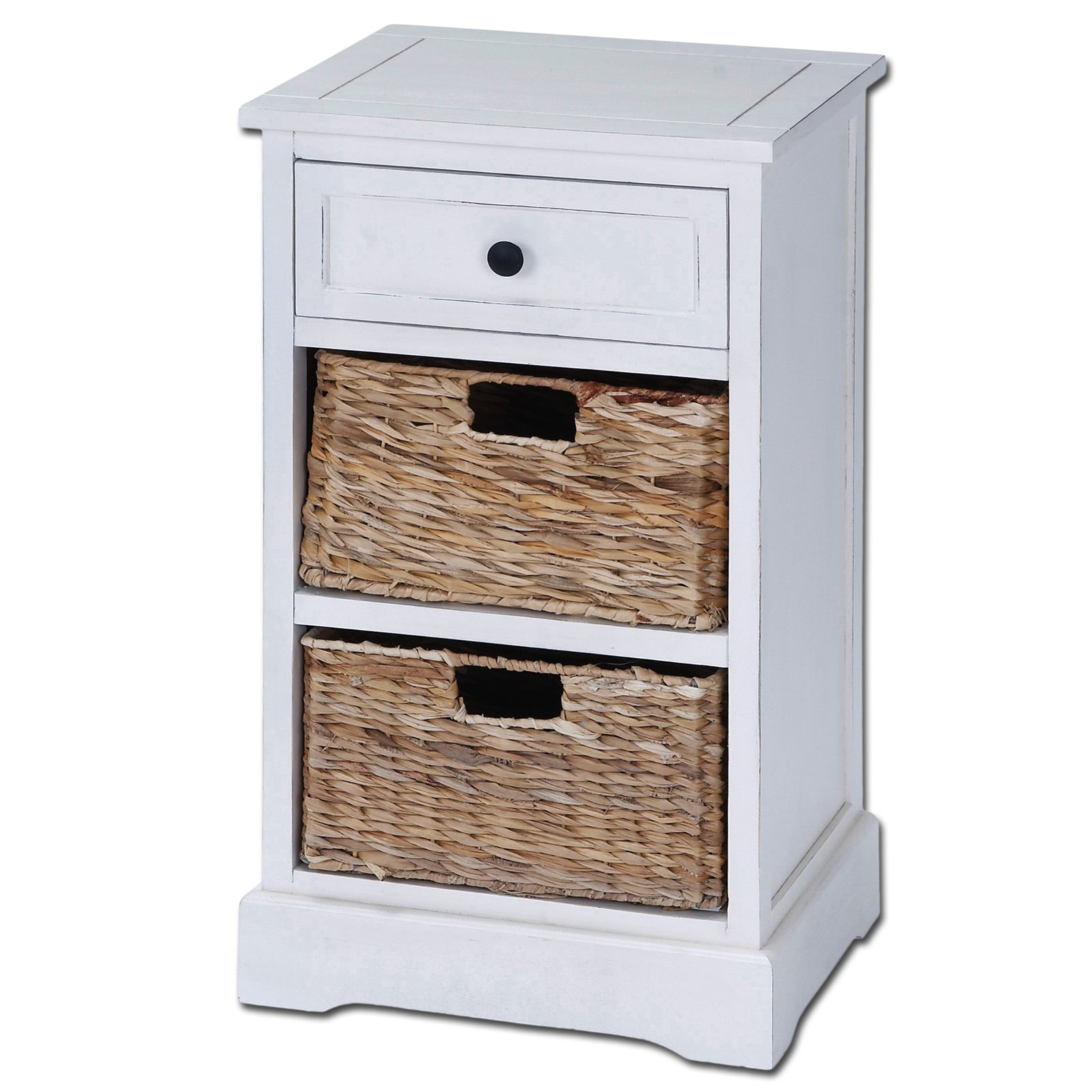 Urban Designs Malibu 3-Drawer Nightstand with Wicker Baskets - White Wooden Bedside Table for Bedroom Storage & Organization - Perfect for Small Spaces, Guest Rooms & Apartment Living