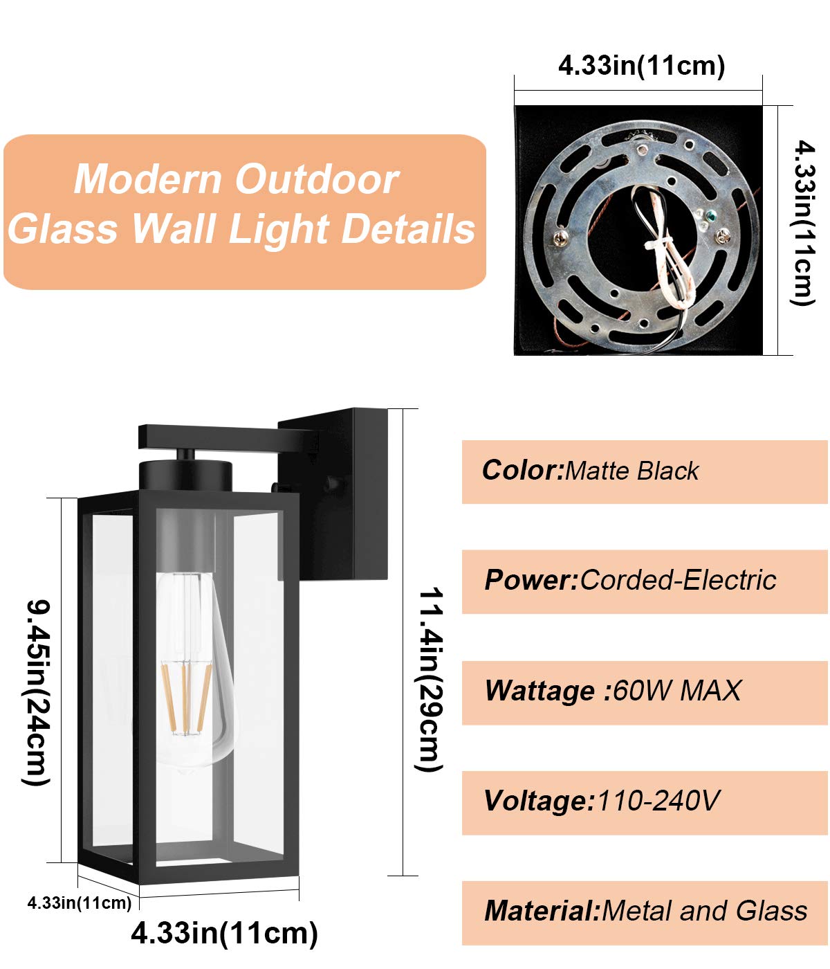 Tipace 2 Pack Black Outdoor Wall Lantern with Clear Glass Shade - Waterproof Exterior Wall Sconce Lighting for Entryway, Porch, Doorway, Patio, Garden & Backyard - Perfect for Home, Villa and Commercial Spaces