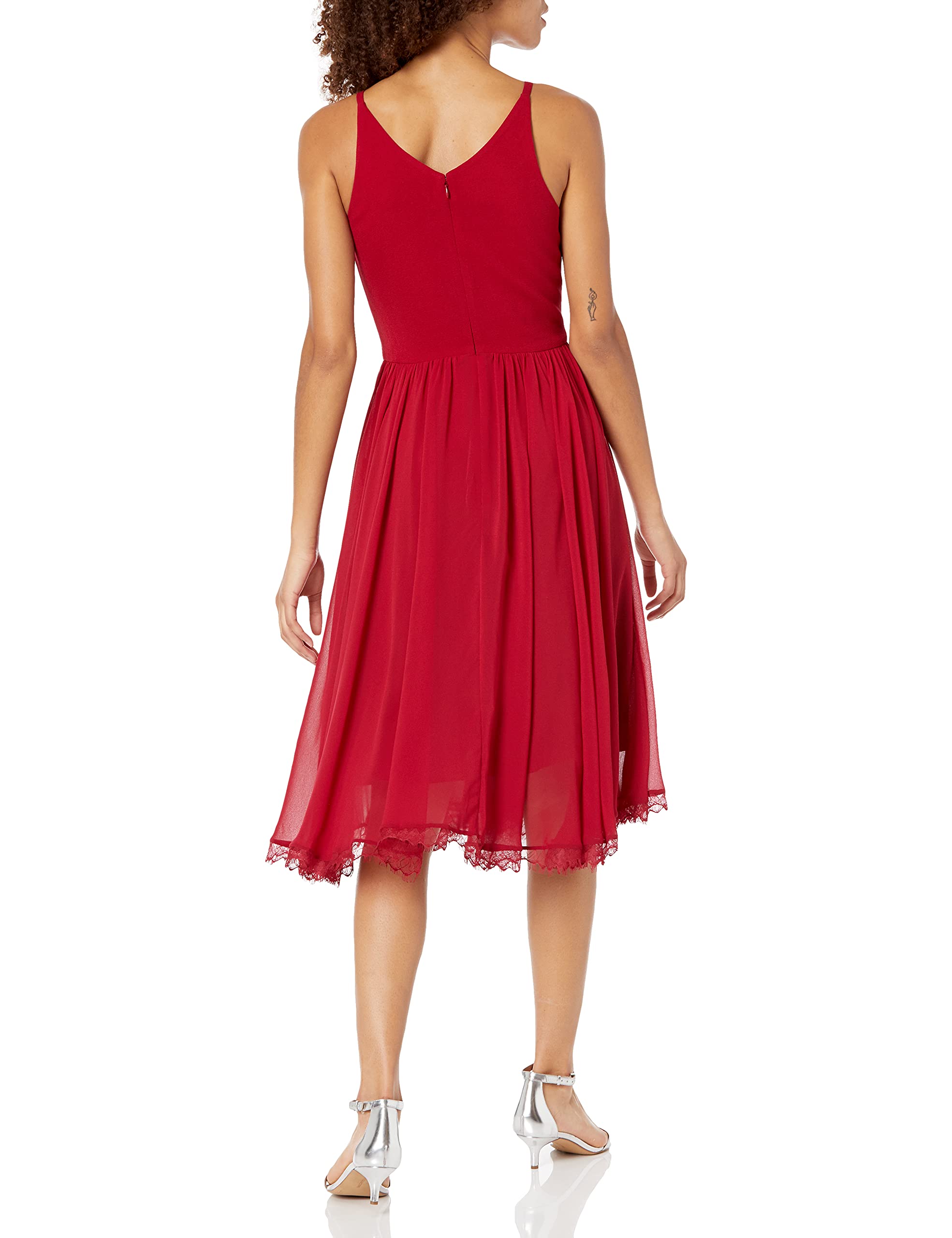 Dress the Population Alicia Plunging Mix Media Sleeveless Fit & Flare Midi Dress for Women | Elegant Cocktail & Party Wear | Perfect for Weddings, Date Nights & Special Occasions