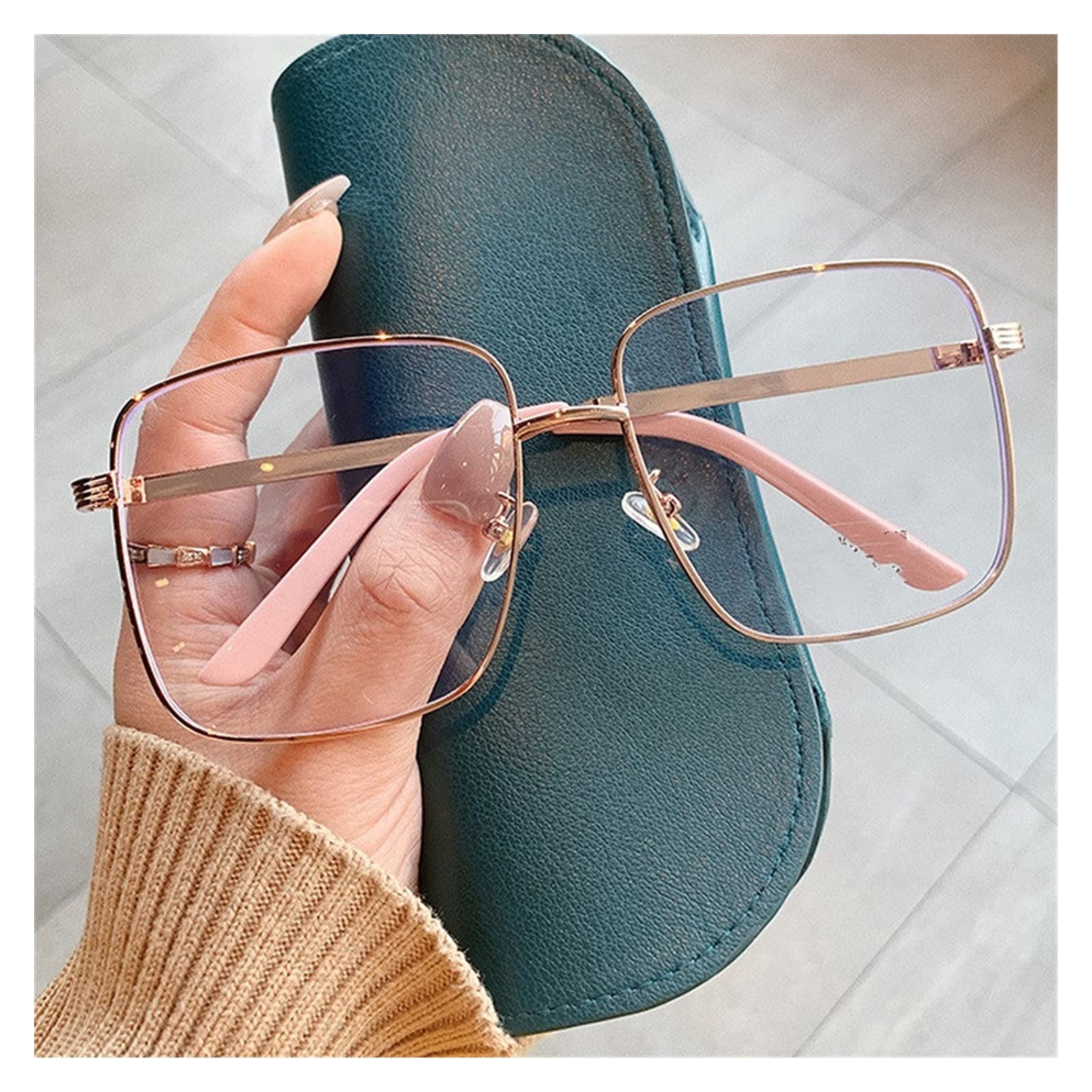 KDOQ Square Anti Blue Light Reading Glasses for Women - Rose Gold Oversized Computer Glasses with Vintage Alloy Frame (+3.50 Magnification, Pink) - Perfect for Office Work, Screen Time & Fashion Accessories