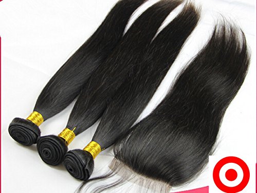 8A Straight Peruvian Virgin Hair Bundles with Free Lace Closure - 3 Bundles (18