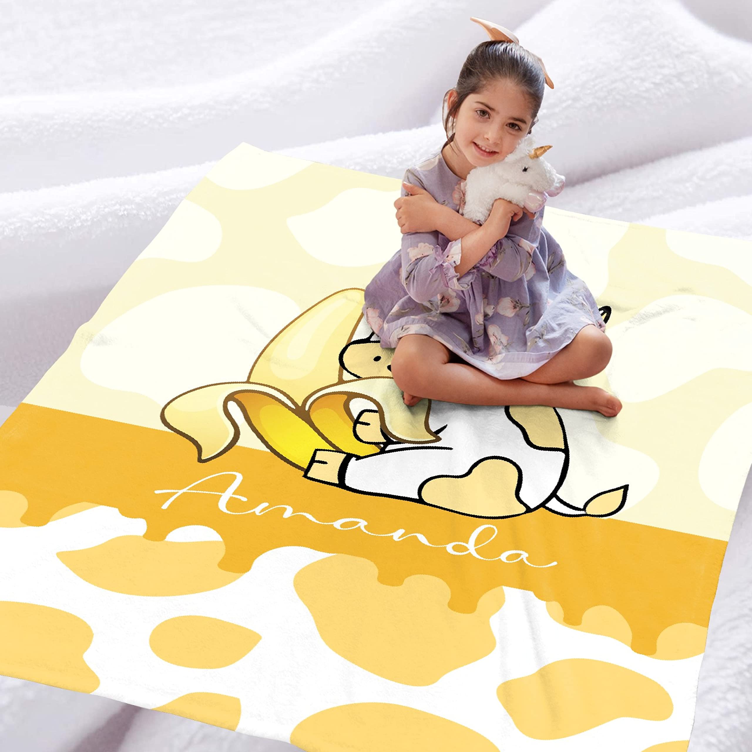Personalized Baby Blanket with Name - Custom Banana Cow Fleece Throw Blanket for Girls, Boys, Kids | Extra Large 120