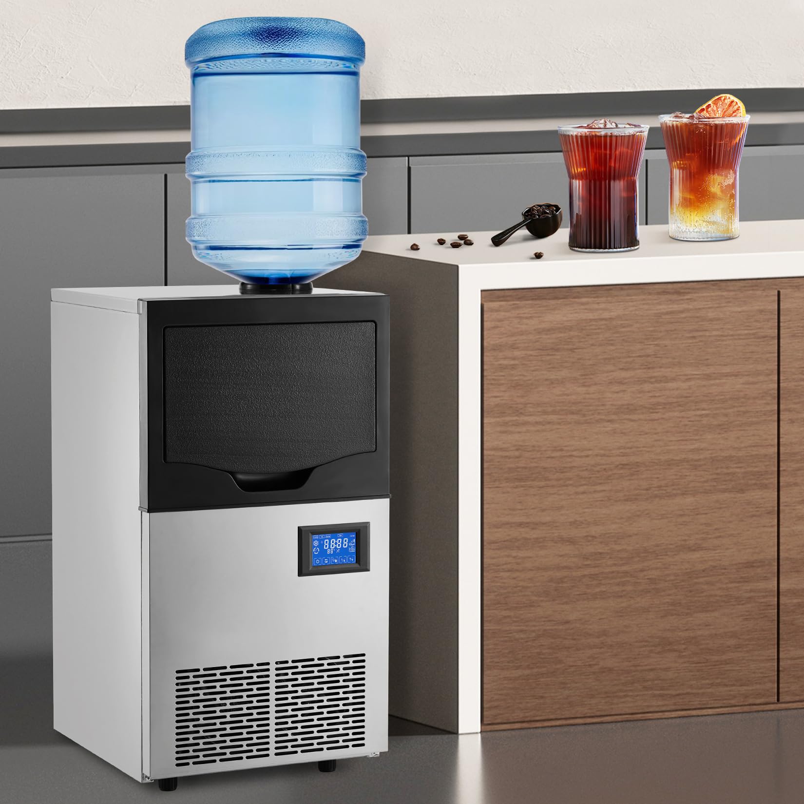 140LBS/24H Commercial Ice Maker Machine with 2 Water Inlets, Freestanding Ice Machine with 22 lbs Storage Bin - Includes Ice Scoop & Water Filter - Perfect for Home, Office, Restaurant, Bar, Cafe & Commercial Use