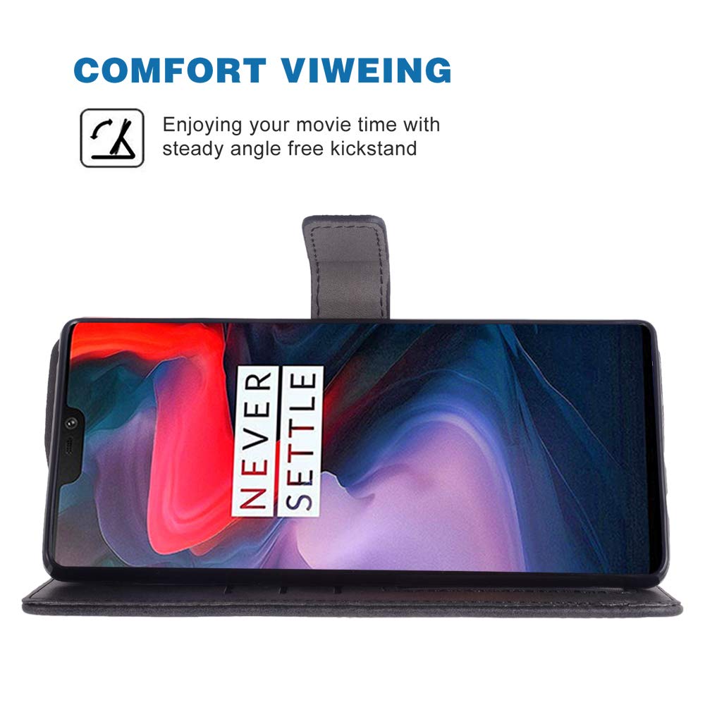 Premium Leather Wallet Case for OnePlus 6 - Flip Cover with Card Holder & Stand | Compatible with OnePlus 6 A6000 | Stylish Folio Phone Case for Men & Women (Black) | Perfect for Business, Travel & Everyday Use