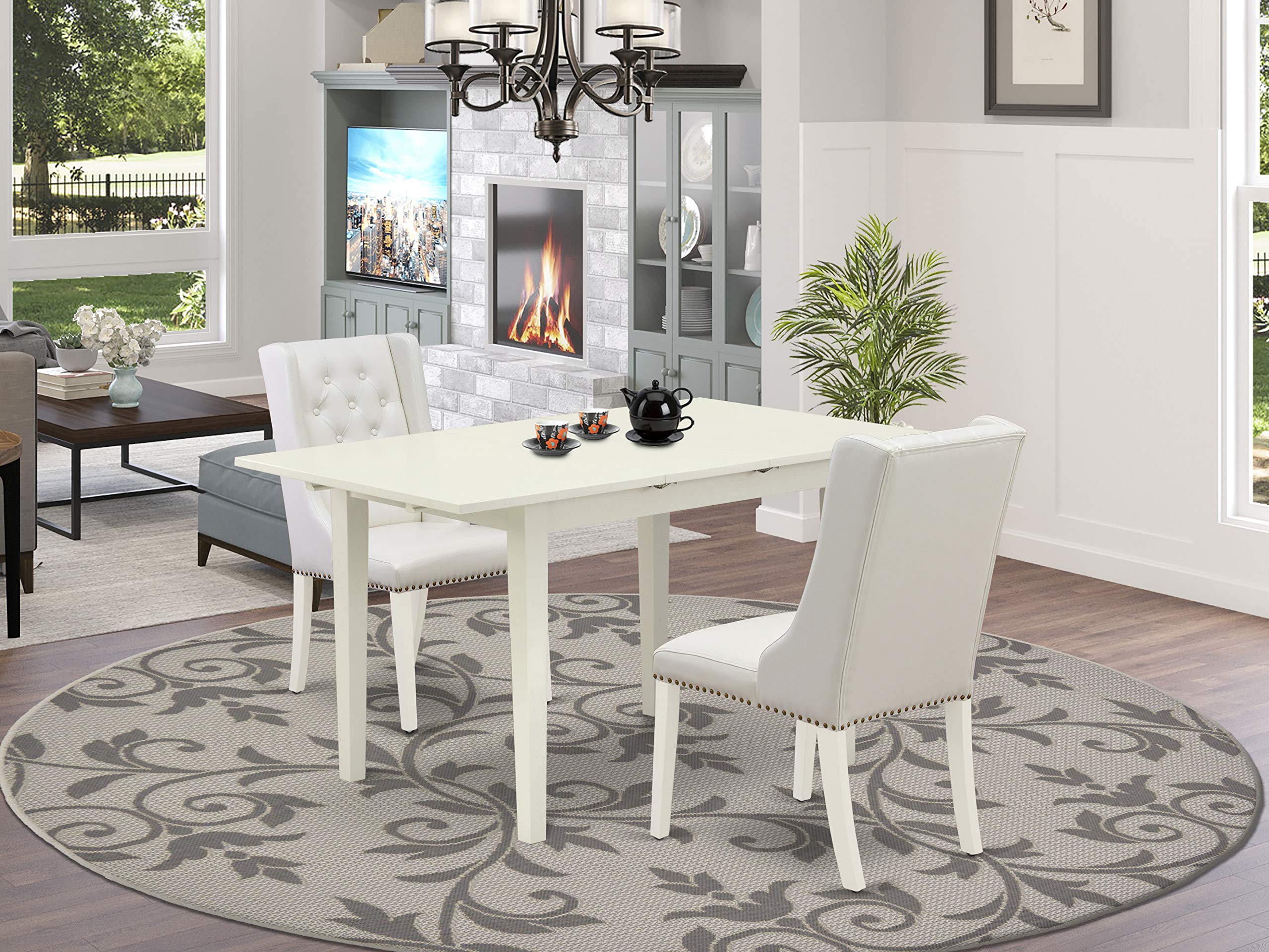 East West Furniture 3 Piece Kitchen Table Set - Rectangle Dining Table with Butterfly Leaf & 2 Light Gray Faux Leather Chairs, 32x54 Inch, Linen White - Perfect for Small Spaces, Breakfast Nooks & Cozy Dining Areas