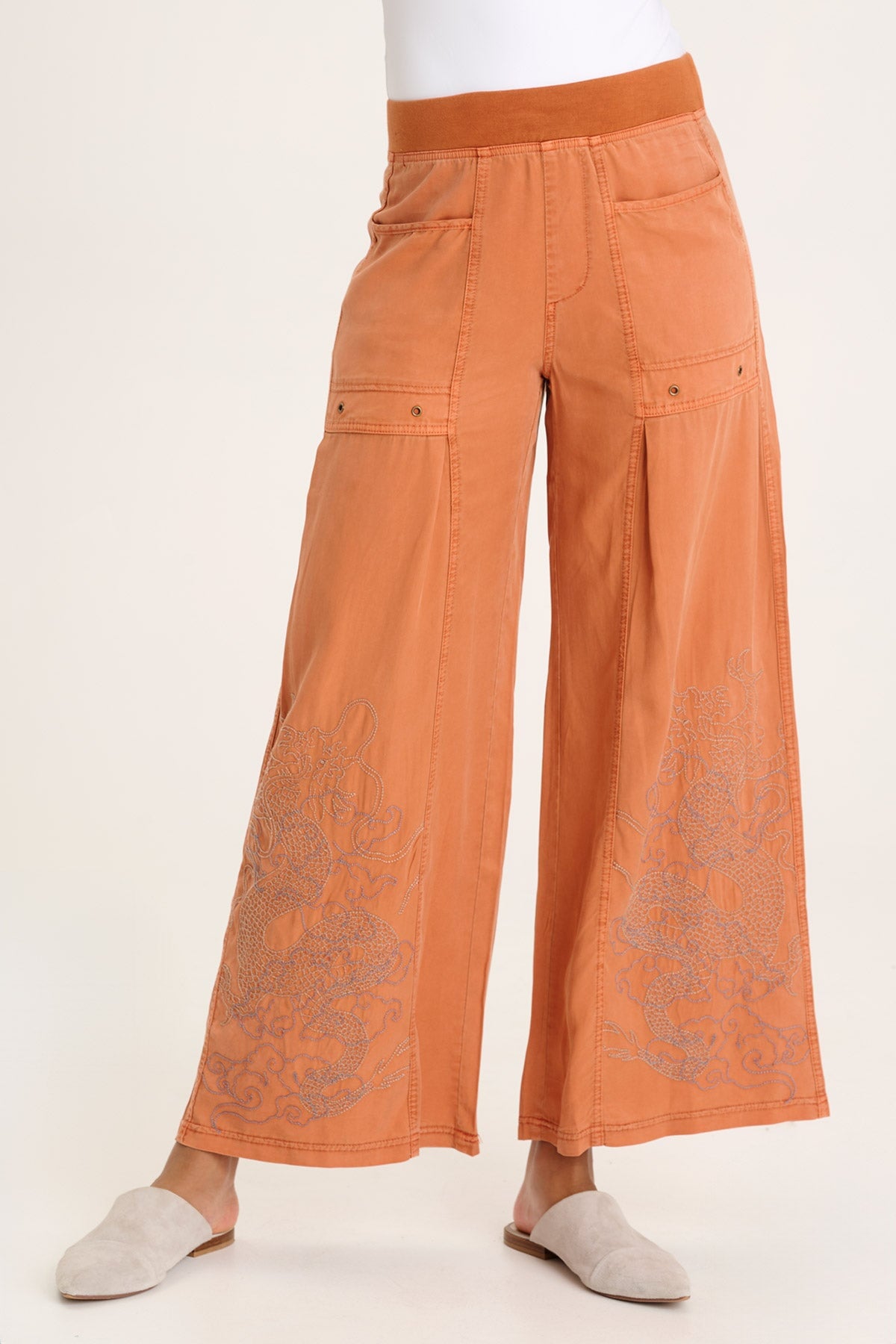 Phedora Women's Twill Embroidered Wide Leg Pants - Comfortable High Waisted Casual Trousers for Work, Travel & Everyday Wear
