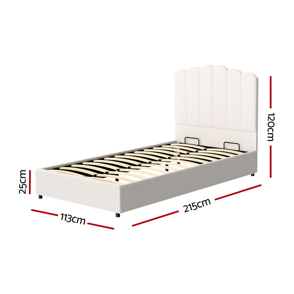 Fion King Single Boucle Storage Bed in Cream White - Space-Saving Platform Bed with Underbed Storage for Small Bedrooms, Dorms & Apartments