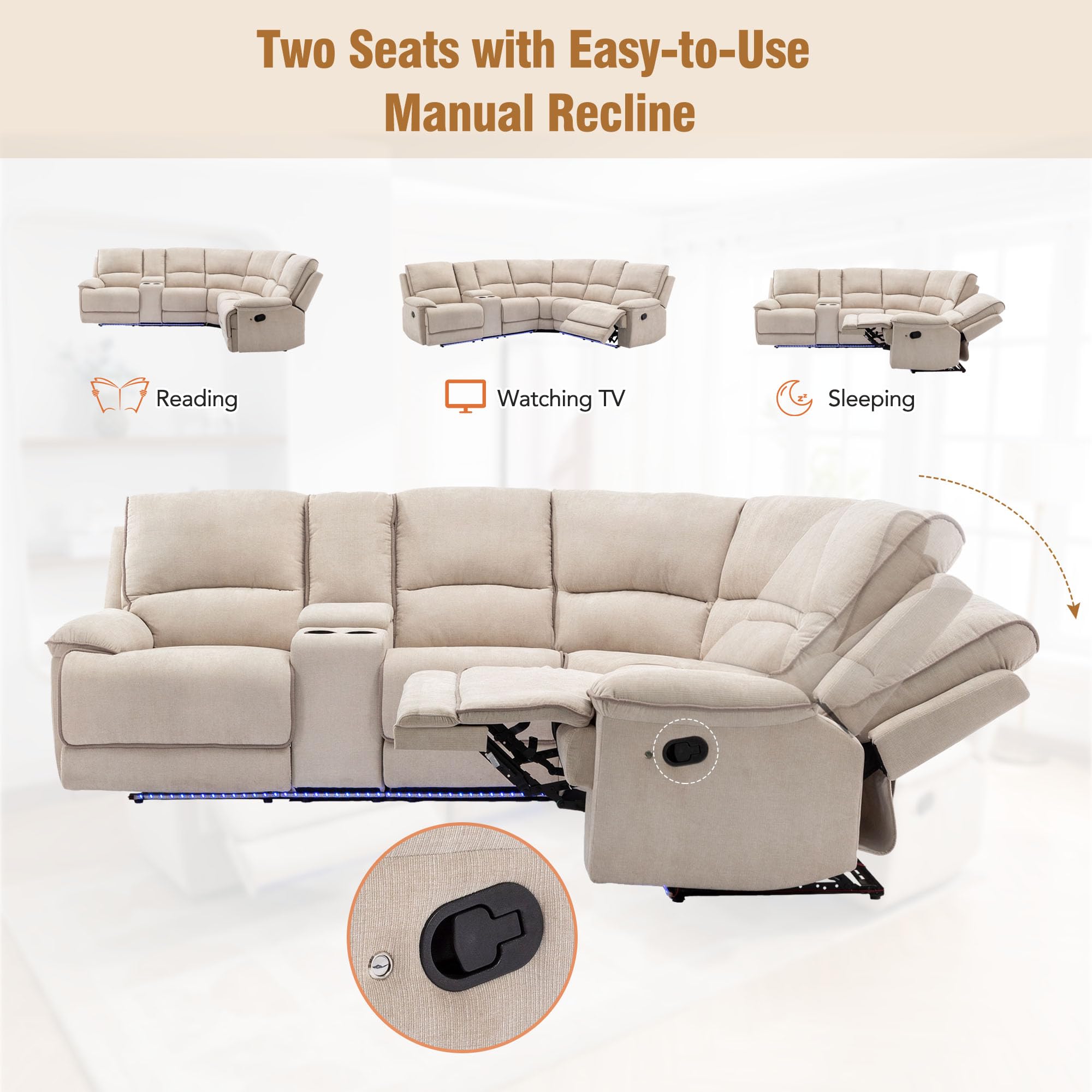 P PURLOVE Modern L-Shaped Reclining Sofa with USB Ports, Hidden Storage & LED Lights - Velvet Living Room Couch for Apartments, Bedrooms (Cream) | Perfect for Small Spaces, Movie Nights & Relaxing