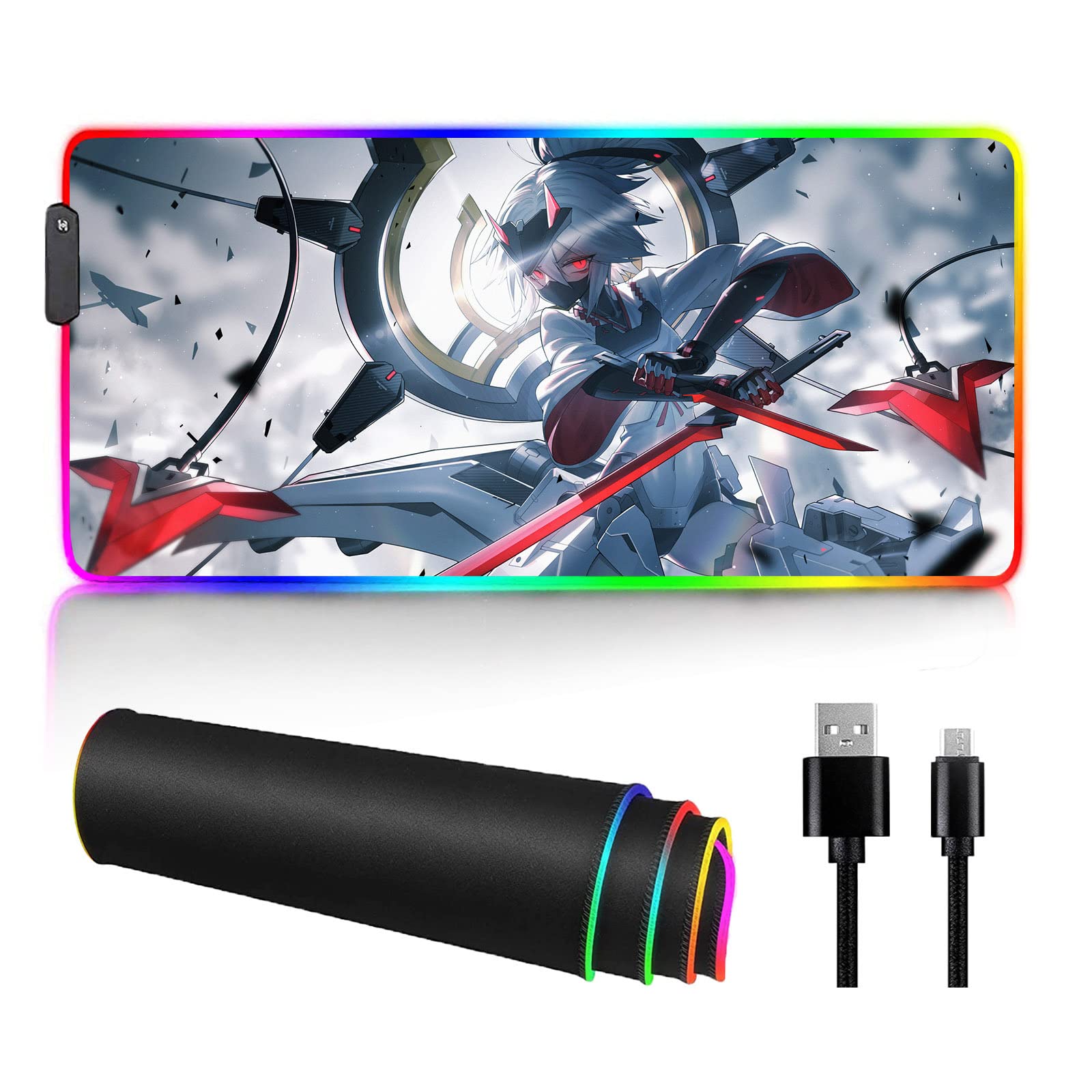 RGB Gaming Mouse Pad with LED Lighting - Red Eye Demon Battle Girl Design, Extra Large (19.7
