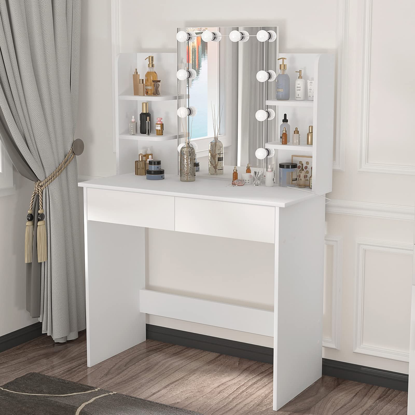 WOLTU LED Dressing Table with Adjustable Brightness Mirror - Modern Wooden Makeup Vanity Desk with 2 Drawers & Open Shelves (90x40x135cm, White, MB6096ws) - Perfect for Bedroom, Dorm Room & Beauty Salon Makeup Station