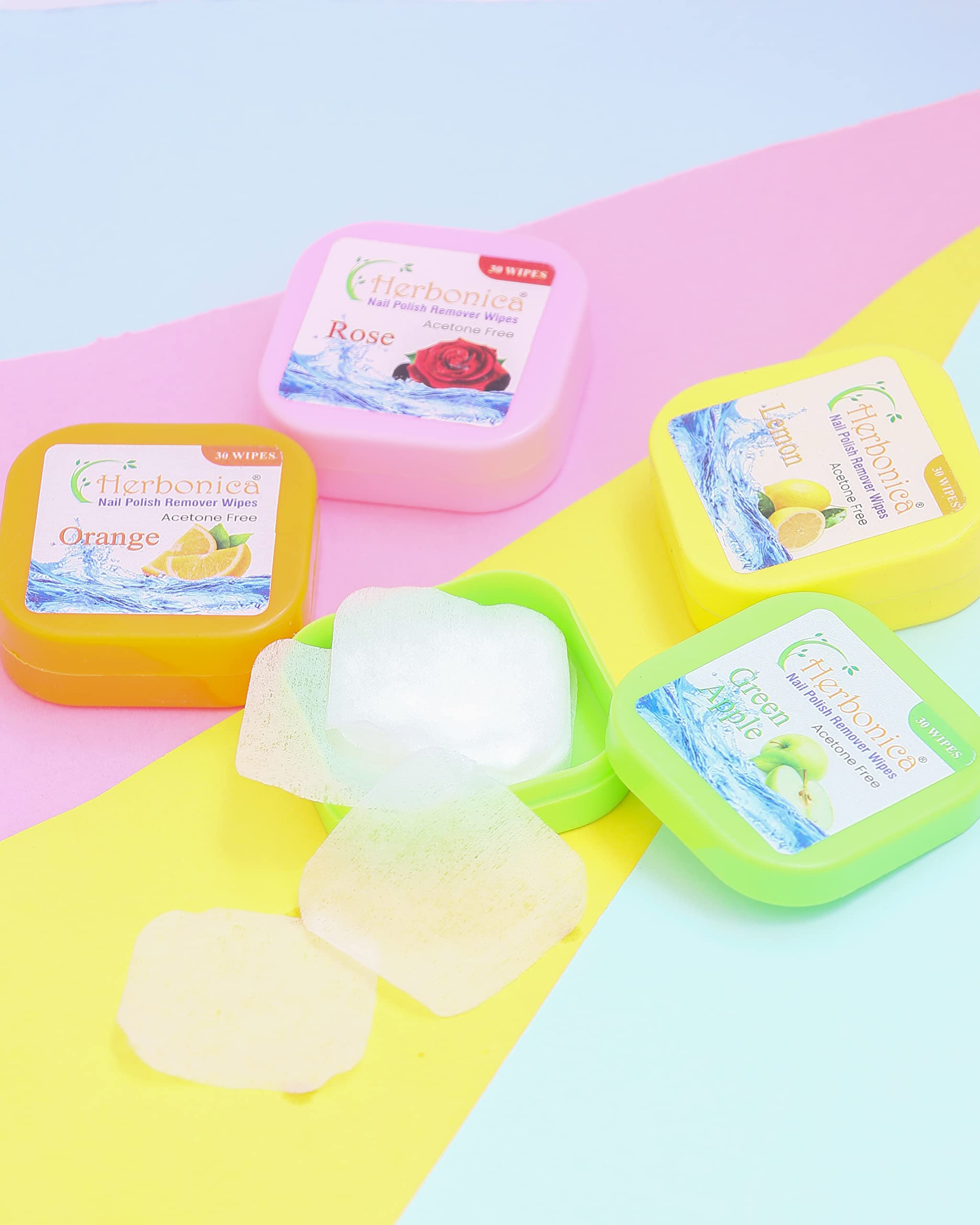 Herbonica Nail Polish Remover Wipes - 120 Pads (4 x 30 Count) with Rose, Orange, Lemon & Green Apple Scents | Gentle Acetone-Free Nail Cleaner for Manicures, Travel & On-The-Go Use