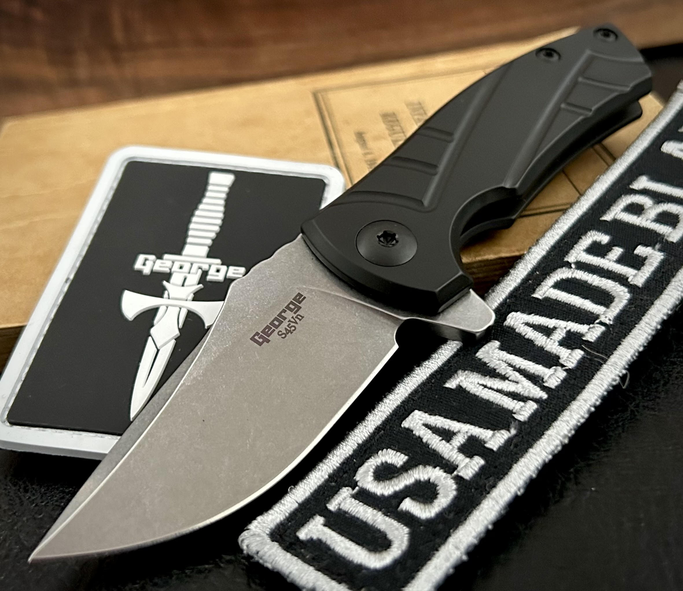 Les George ESV Flipper Knife - Black DLC Titanium Handle with S45VN Blade | USA Made EDC Folding Knife | Perfect for Outdoor Camping, Hiking & Everyday Carry