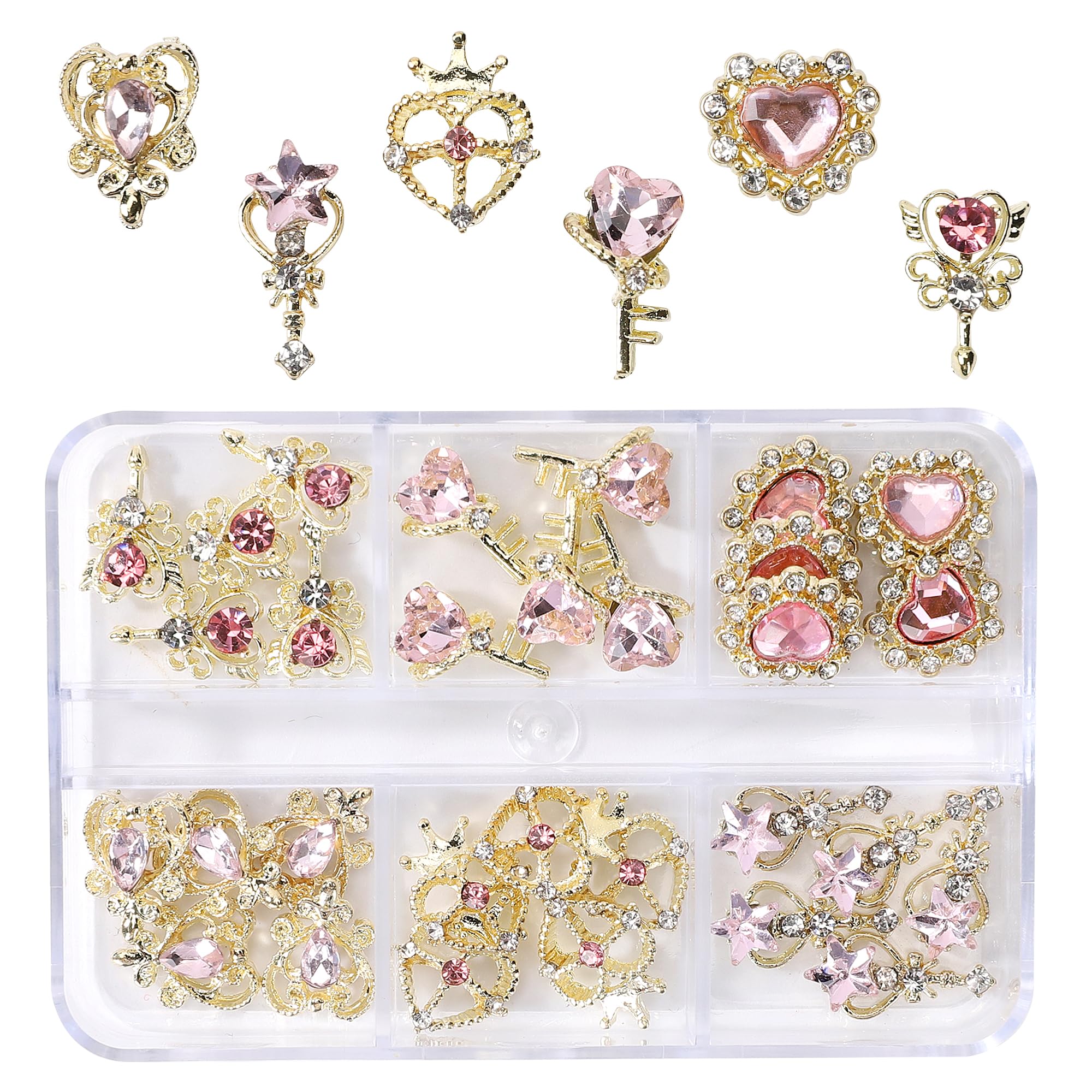30PCS Pink Heart Nail Charms - Luxury 3D Gold Alloy Nail Art Rhinestones & Crystal Diamonds for Nails, Face & Eyes | DIY Nail Art, Makeup Jewelry, Party Glam Accessories