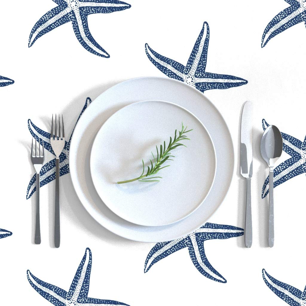 Premium Cotton Sateen Tablecloth 70x90 Inches - Starfish & Seashells Nautical Blue Ocean Theme | Waterproof Washable Dining Table Cover for Beach House, Summer Parties & Coastal Decor