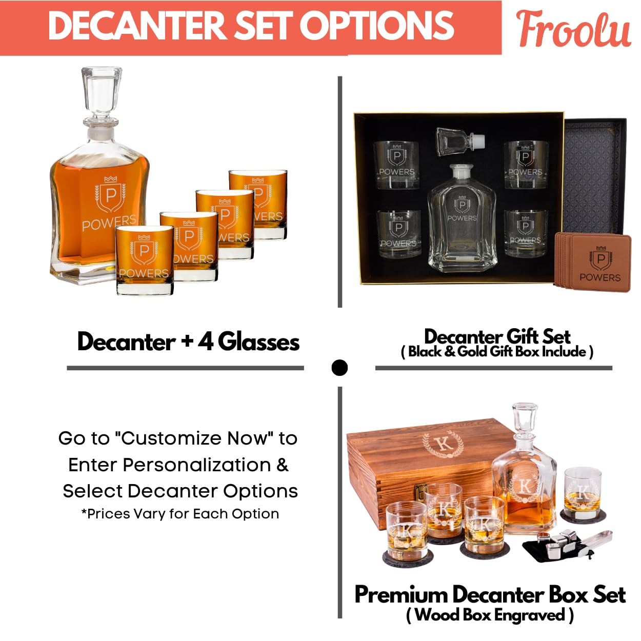 Personalized Whiskey Decanter Set with 2 Scotch Glasses & Whiskey Stones - 9 Engraved Design Options for Men - Premium Gift for Dad, Husband, Boyfriend - Ideal for Christmas, Valentine's Day & Anniversary Gifts - Perfect for Home Bars, Man Caves & Special Occasions - by Froolu