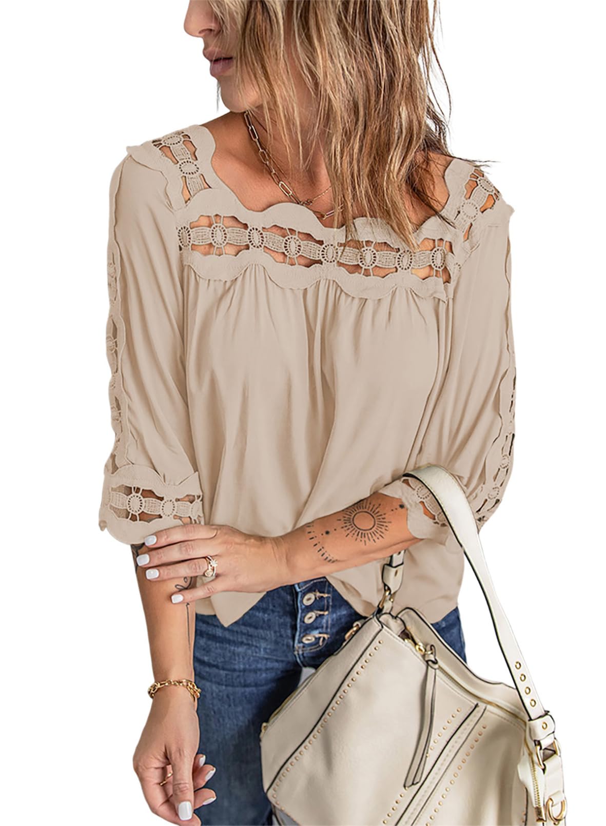 Dokotoo Women's 3/4 Sleeve Lace Crochet Blouse - Flowy Square Neck Solid Color Summer Top for Casual Outings & Beach Wear