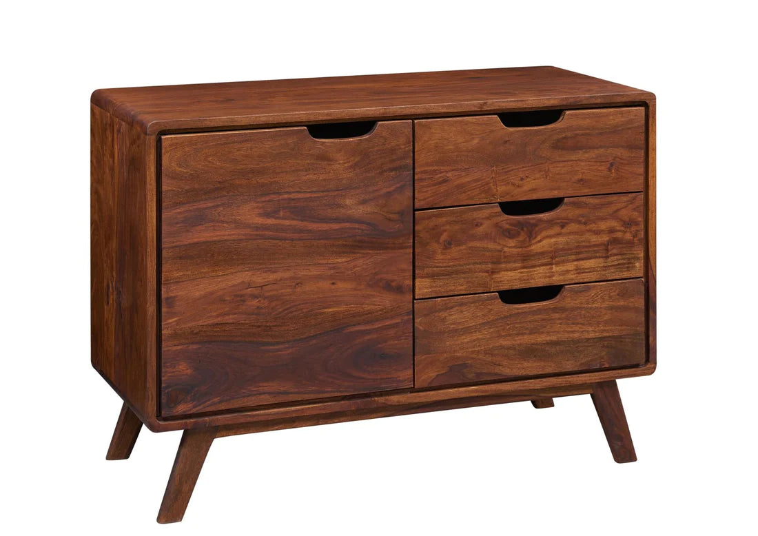 Gfine Solid Sheesham Wood Sideboard - Single Door & 3 Drawers, 88x40x66cm - Perfect for Living Room, Dining Room & Entryway Storage