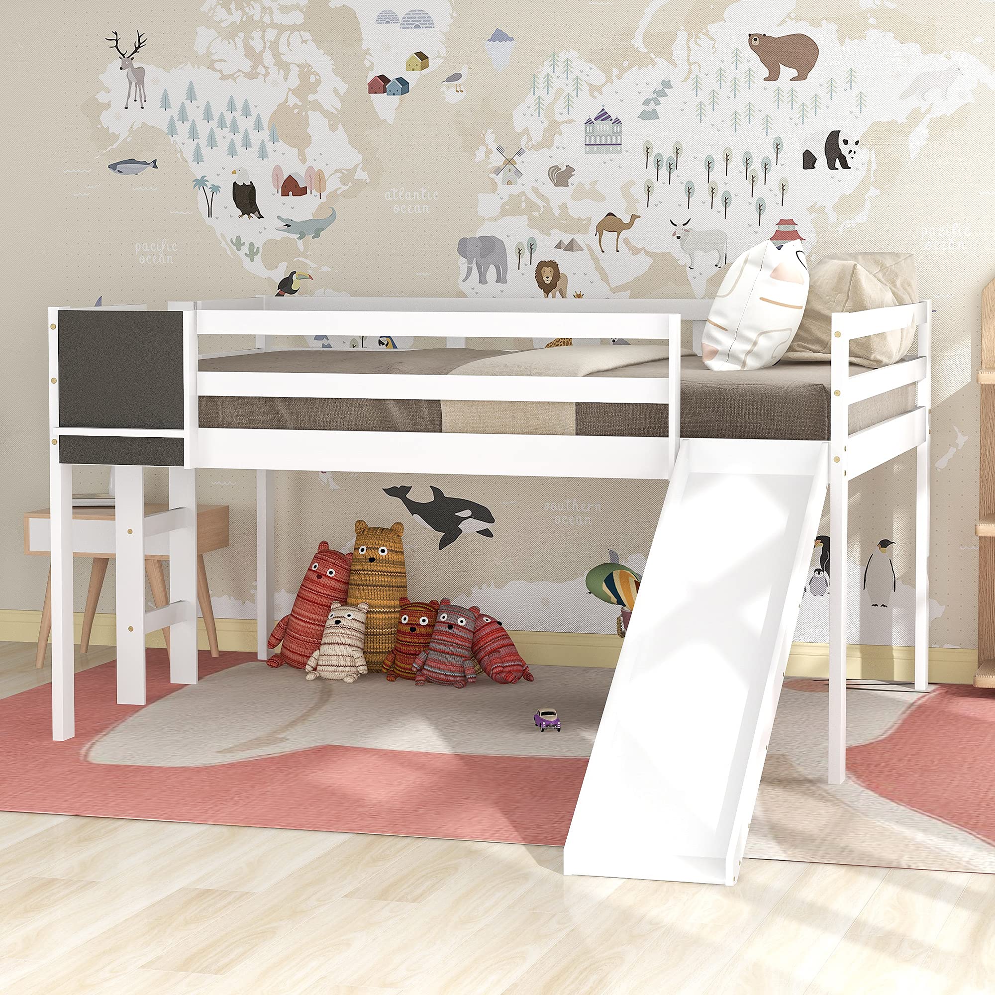 Merax Full Size Wooden Loft Bunk Bed with Slide - Junior Height for Kids & Teens, White | Space-Saving Bedroom Furniture for Small Rooms, Dorm, Playroom & Sleepovers