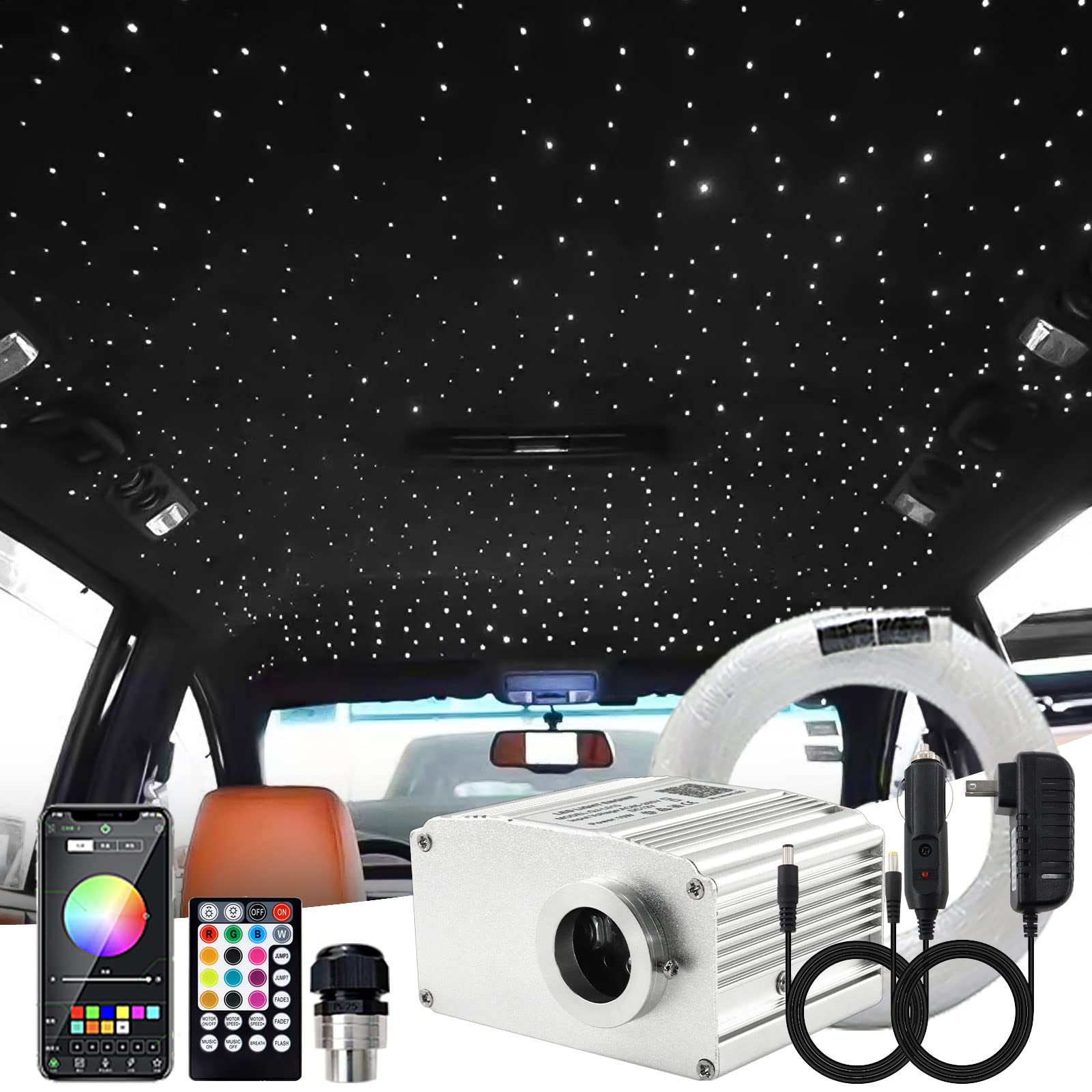 Starlight Headliner Kit for Cars - 10W Fiber Optic Lights with 550pcs 0.03in 13.1ft Star Lights, APP & Remote Control, Twinkle & Music Mode - Perfect for Car Interior Decoration & Romantic Ambiance