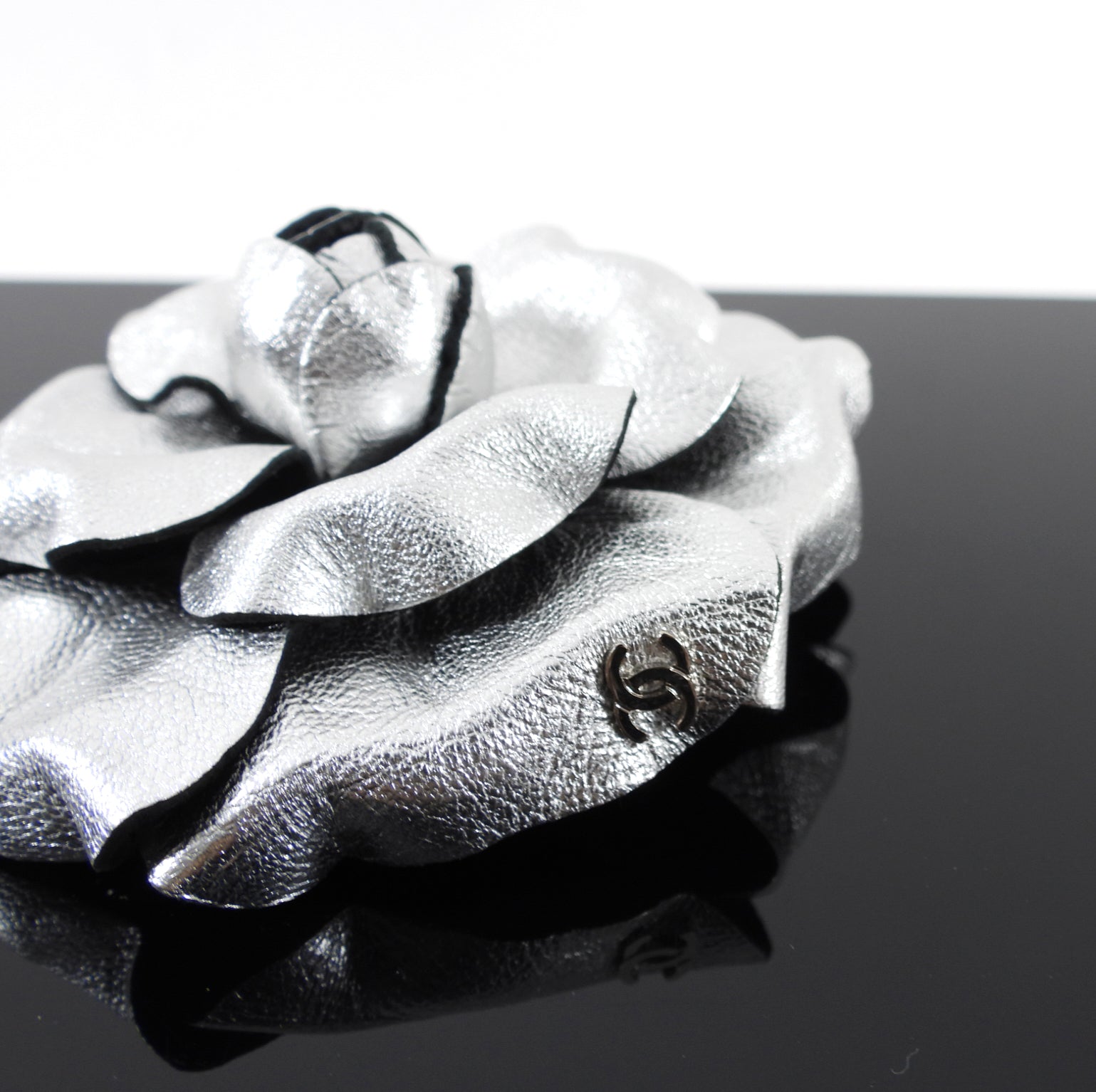 Chanel Silver Camellia Flower Brooch Pin - Elegant Floral Fashion Accessory for Women | Perfect for Dresses, Jackets, Scarves & Special Occasions