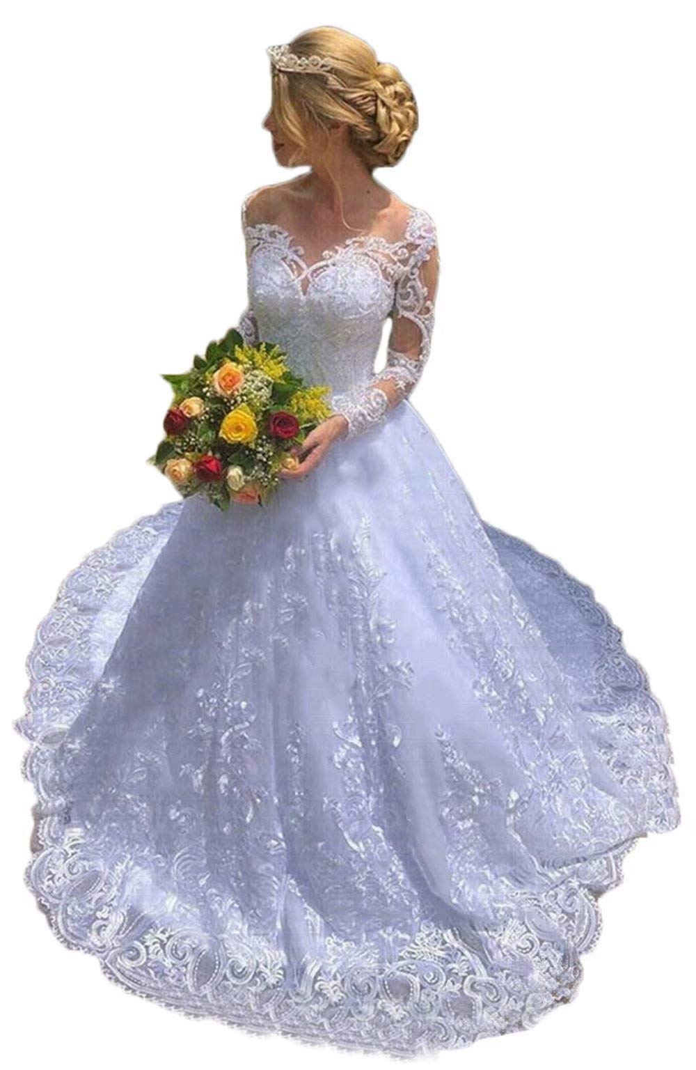 Elegant Long Sleeve Lace Wedding Dress for Women - Applique Ball Gown Bridal Gown for Bride | Perfect for Church Ceremonies, Formal Weddings & Romantic Photos