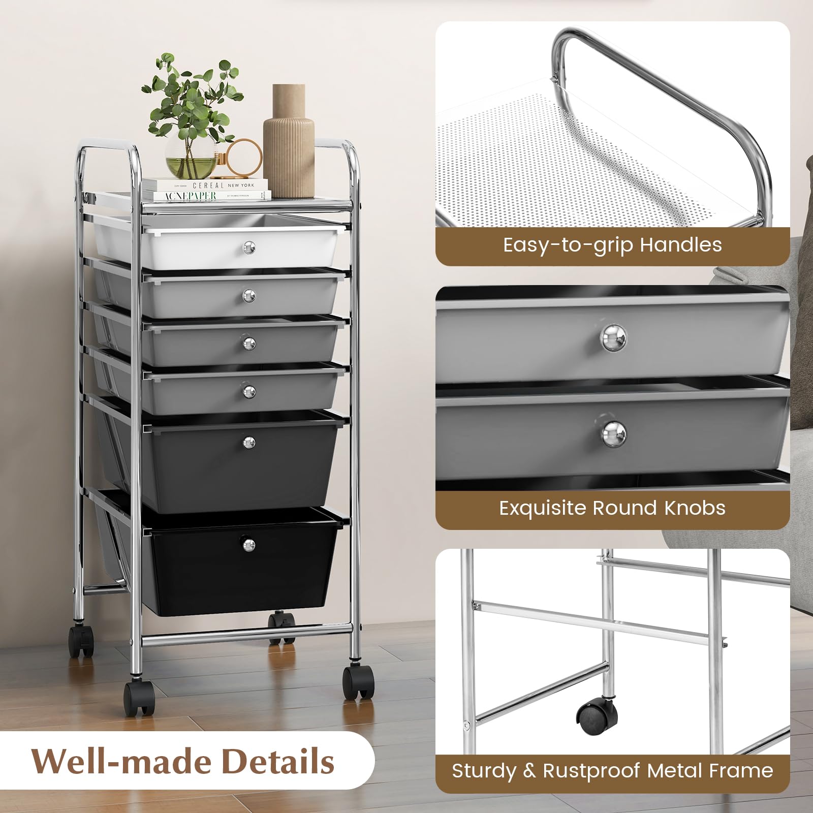LDAILY 6-Drawer Rolling Storage Cart with Lockable Wheels - Multifunctional Mobile Organizer for Office, School & Home - Gradient Grey - Perfect for Classroom Supplies, Craft Storage & Kitchen Organization