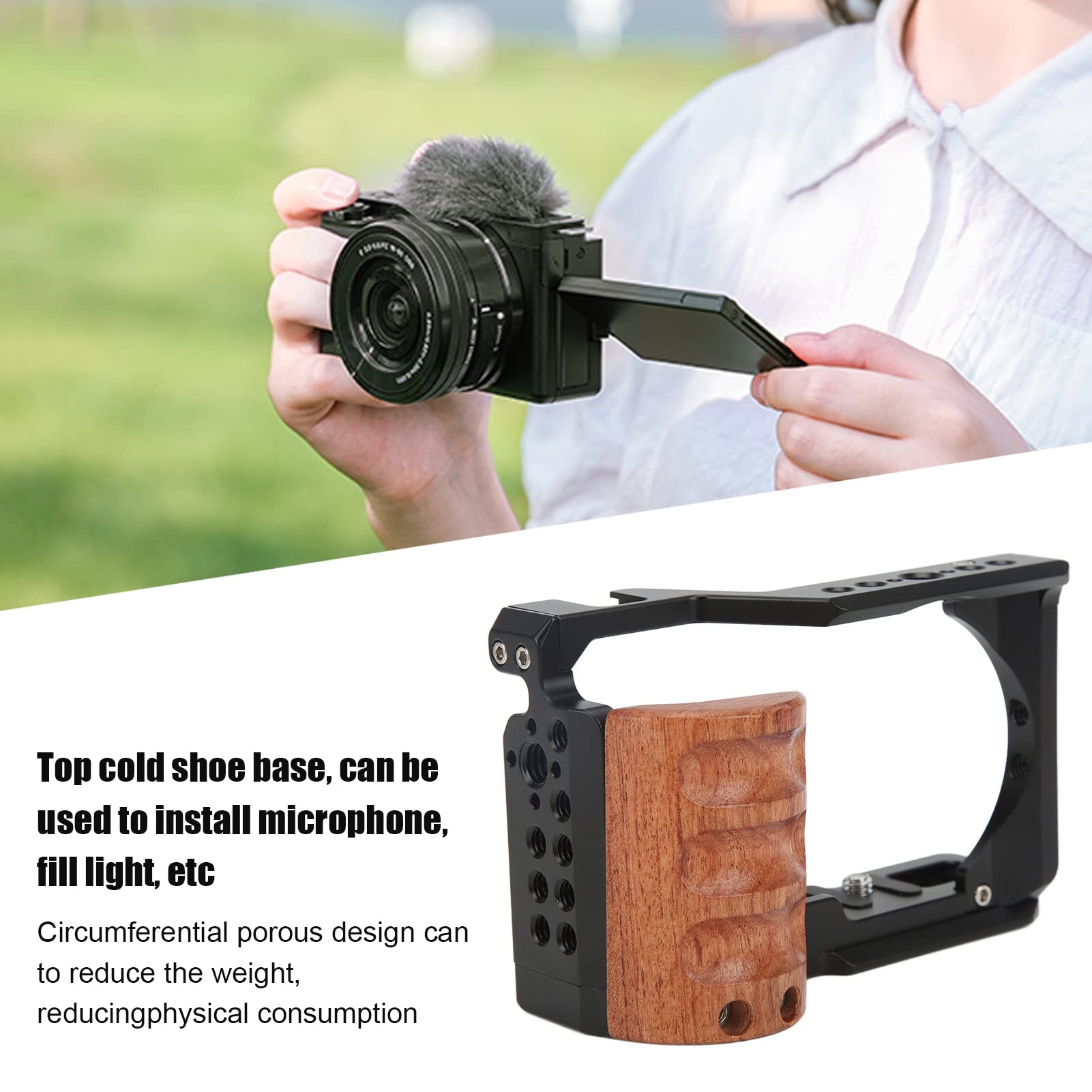ZV E10 Camera Cage - Aluminum Alloy Video Rig with Wooden Handle | Professional DSLR Mount Bracket for Sony ZV-E10 | Perfect for Vlogging, YouTube Filming & Cinematic Shots