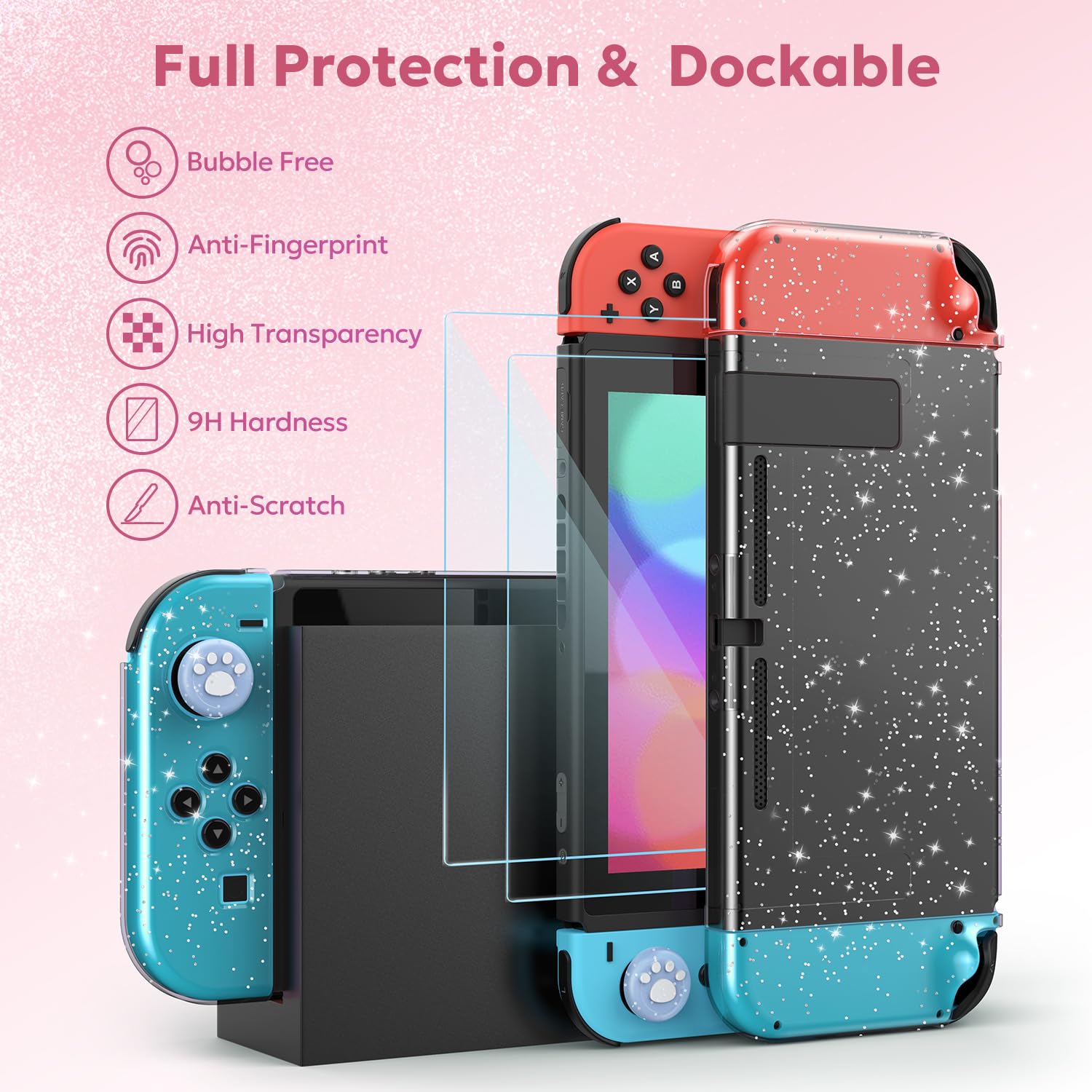 InnoAura 17-in-1 Nintendo Switch Accessories Bundle - Switch Carrying Case, Protective Case, Game Case, Screen Protector & Thumb Grips (Sequins Pink) | Perfect for Travel, Gaming On-The-Go & Switch Protection