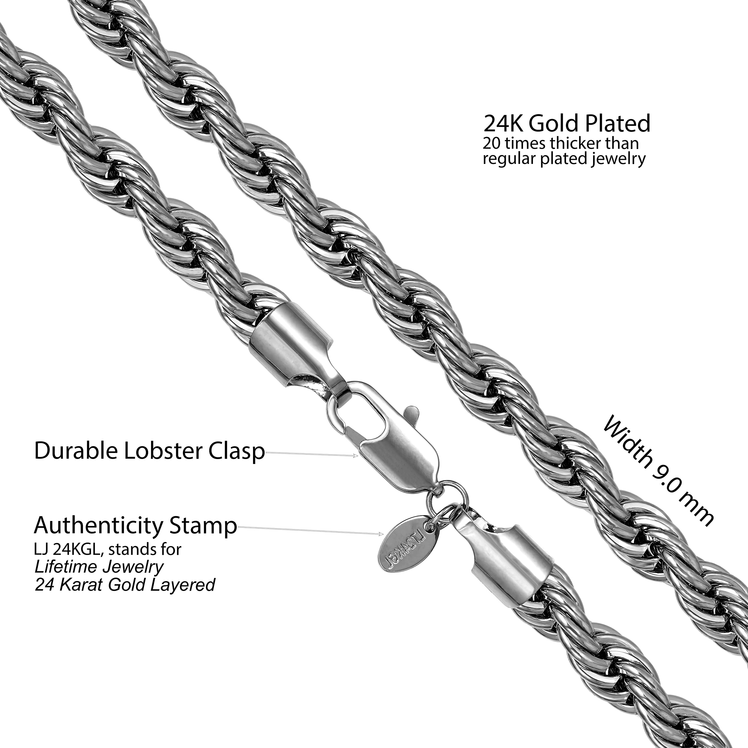 24K Real Gold Plated 9mm Rope Chain Necklace for Women & Men - Lifetime Jewelry for Everyday Wear, Gifts & Special Occasions