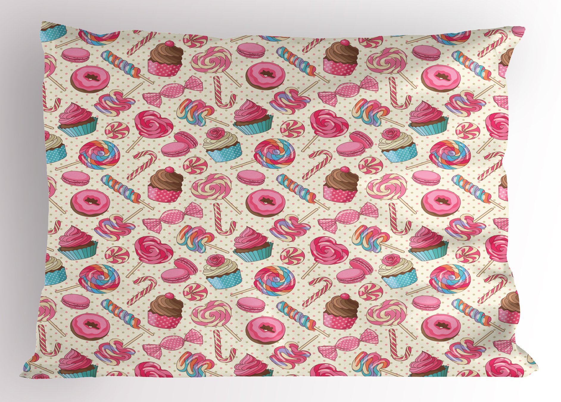 Ambesonne Candy Cane Pillow Sham - Yummy Lollipop Candy Macaroon Cupcake Donut Polka Dot Print - Decorative Standard Queen Size Pillowcase 30