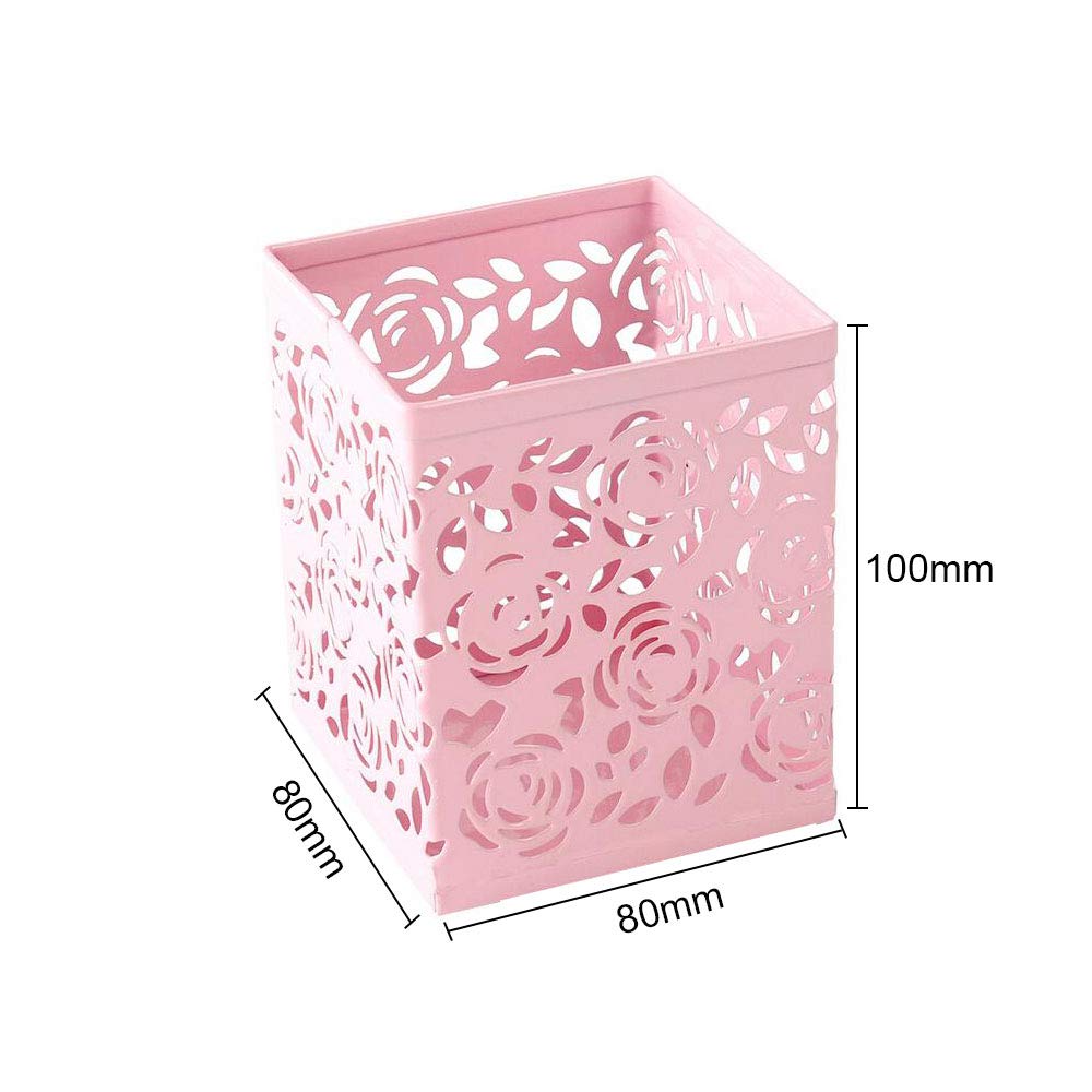 Saim Hollow Rose Flower Pattern Square Pen Pencil Ruler Holder Cup - Pink Desktop Stationery Organizer for Office, School & Home Workspace Decoration
