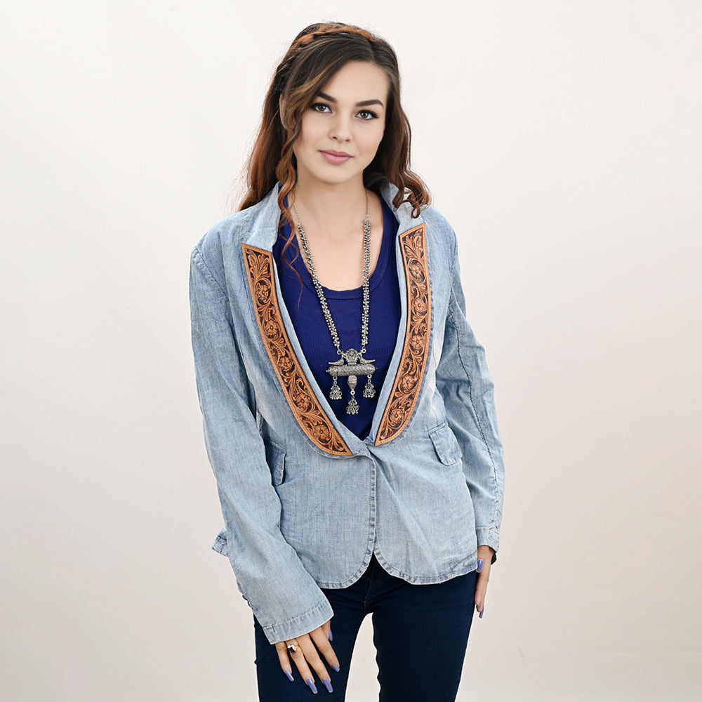 ADBZ039 Genuine Leather Hand-Tooled & Hand-Carved Women's Denim Blazer Jacket - 100% Cotton Western Style Coat for Ladies & Girls | Perfect for Casual Outings, Office Wear & Special Occasions