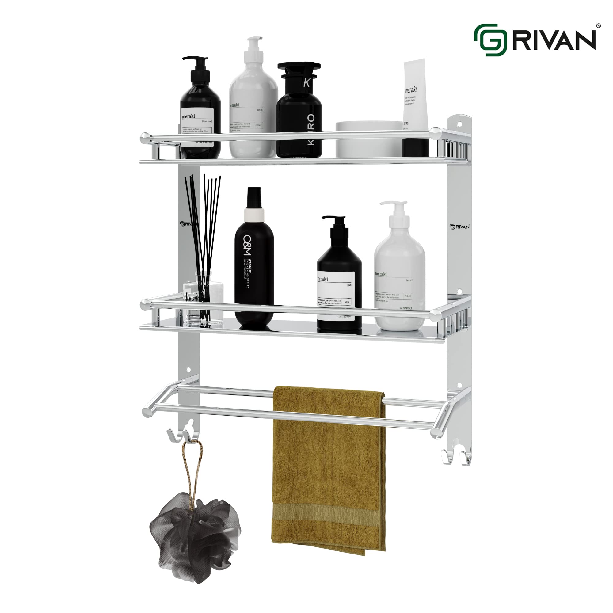 GRIVAN Stainless Steel Double Layer Bathroom Shelf with Towel Rod - Wall Mount Organizer for Bathroom Storage, Chrome Finish - Perfect for Small Spaces, Shower Caddies & Bath Accessories Organization