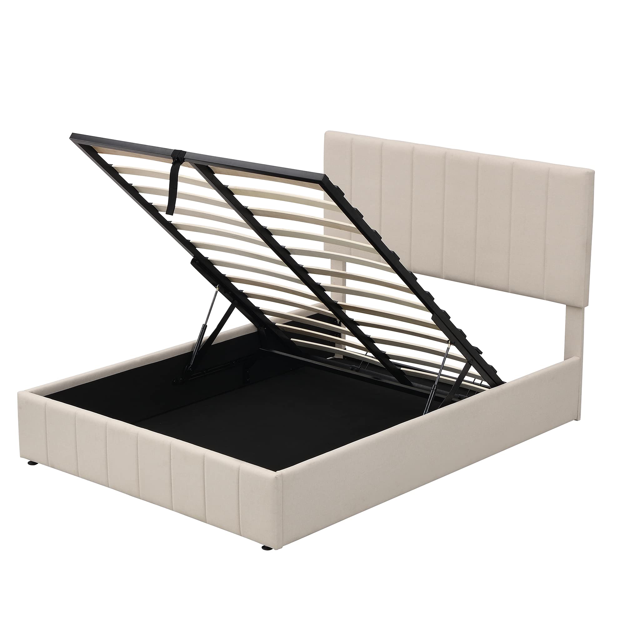 Full Size Upholstered Platform Bed with Hydraulic Storage System & Headboard - Beige Modern Bed Frame with Gas Lift Storage for Small Space Bedroom Organization